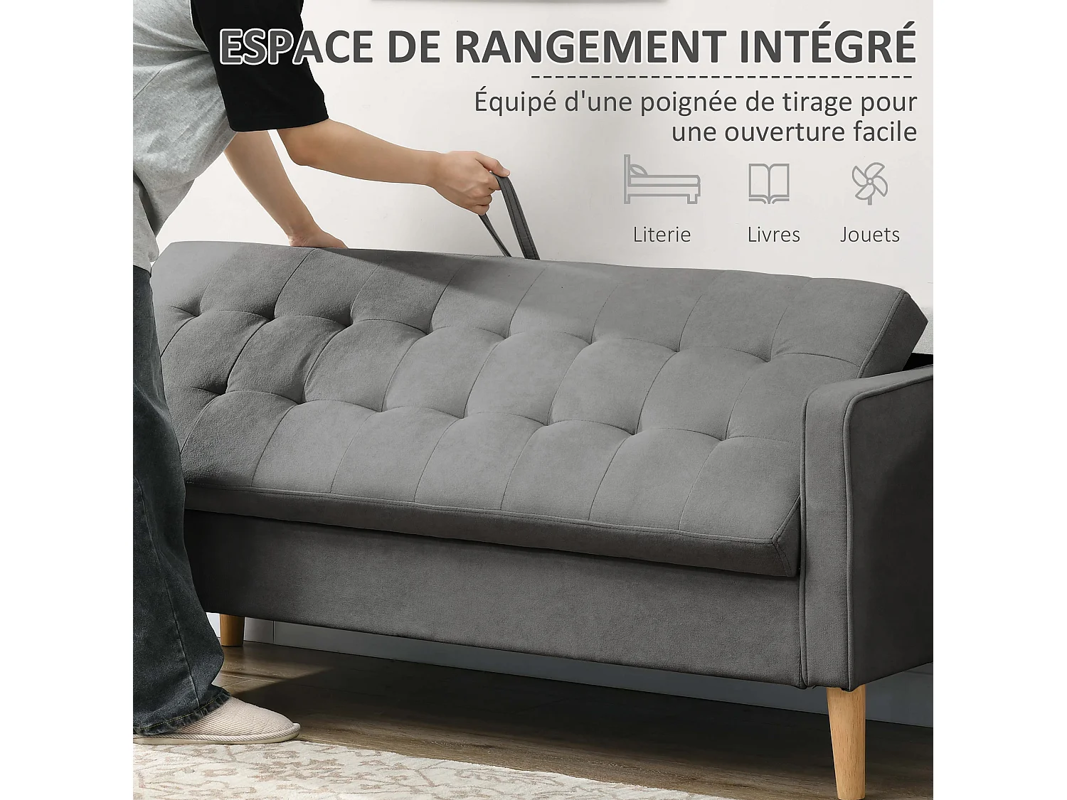 Canapé 3 places style scandinave - coffre rangement intégré - piètement bois effilé tissu gris