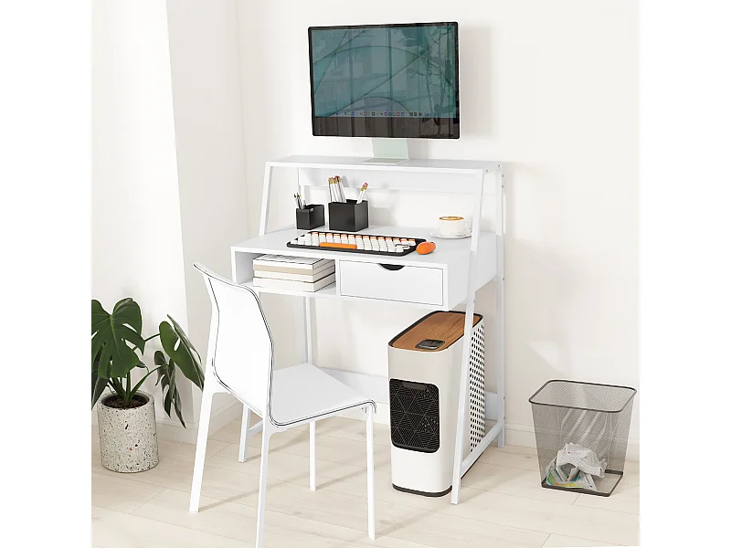 Bureau secrétaire bureau informatique style néo-rétro tiroir niche étagère métal blanc aspect bois blanc