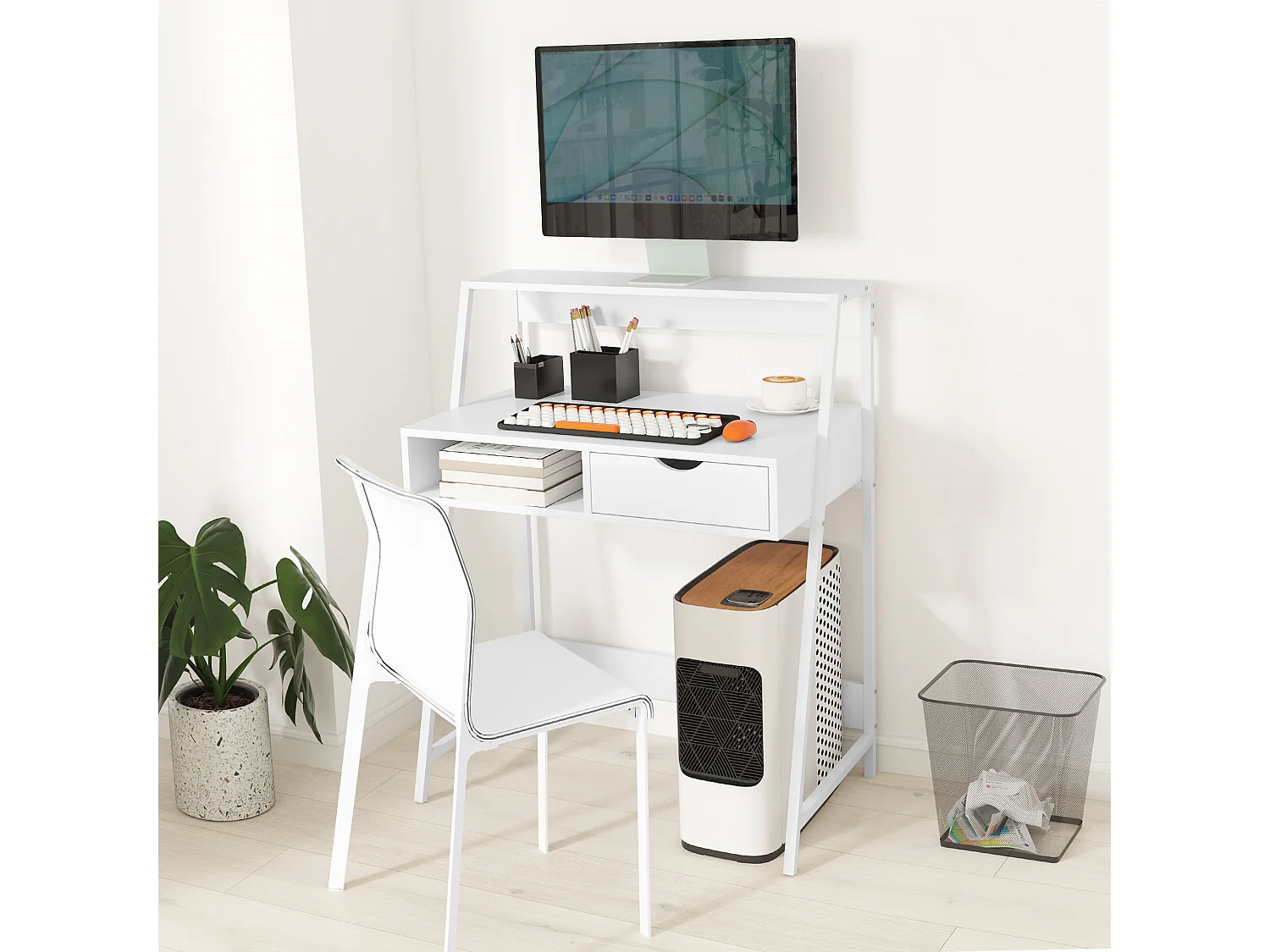Bureau secrétaire bureau informatique style néo-rétro tiroir niche étagère métal blanc aspect bois blanc