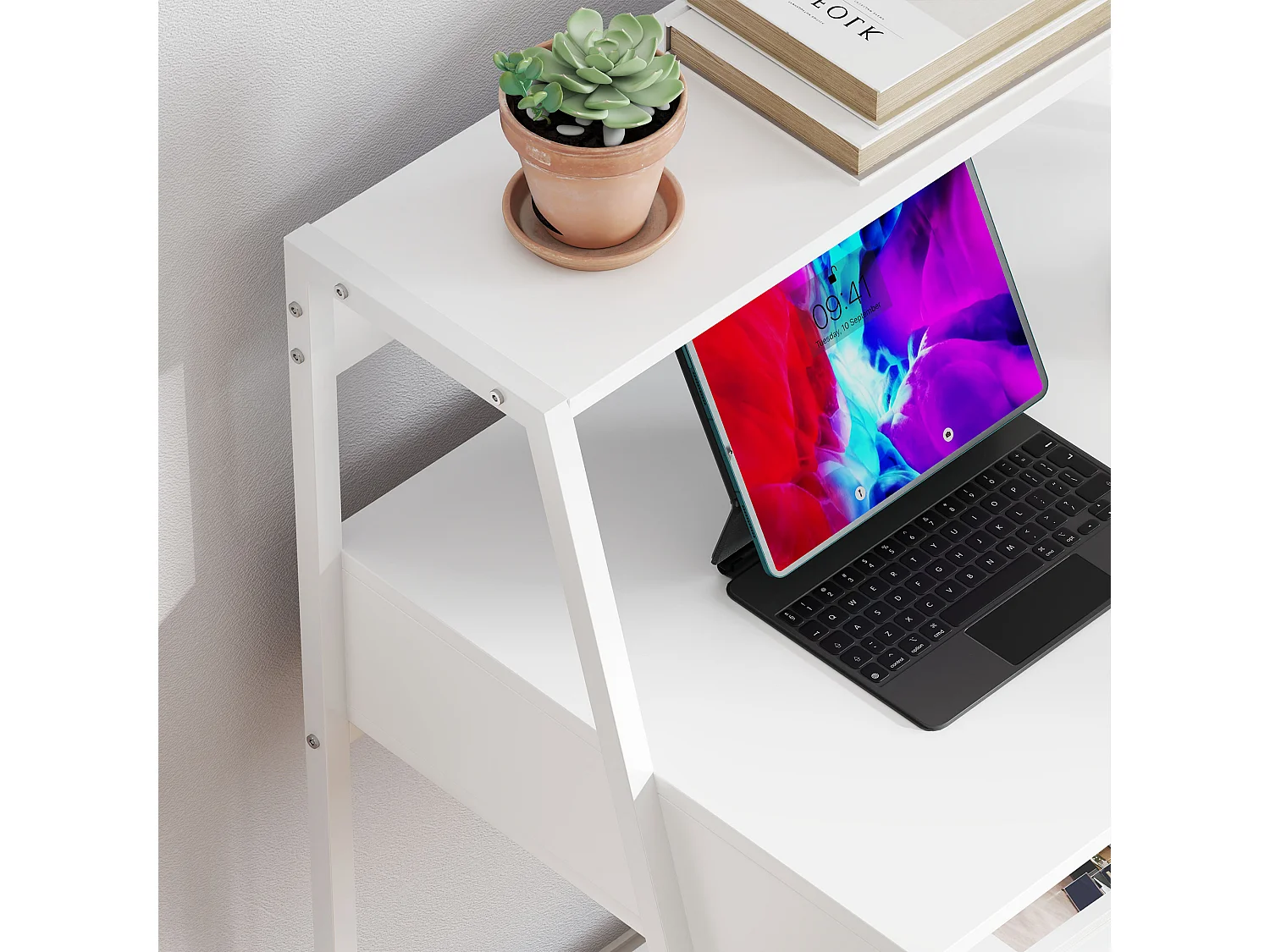 Bureau secrétaire bureau informatique style néo-rétro tiroir niche étagère métal blanc aspect bois blanc