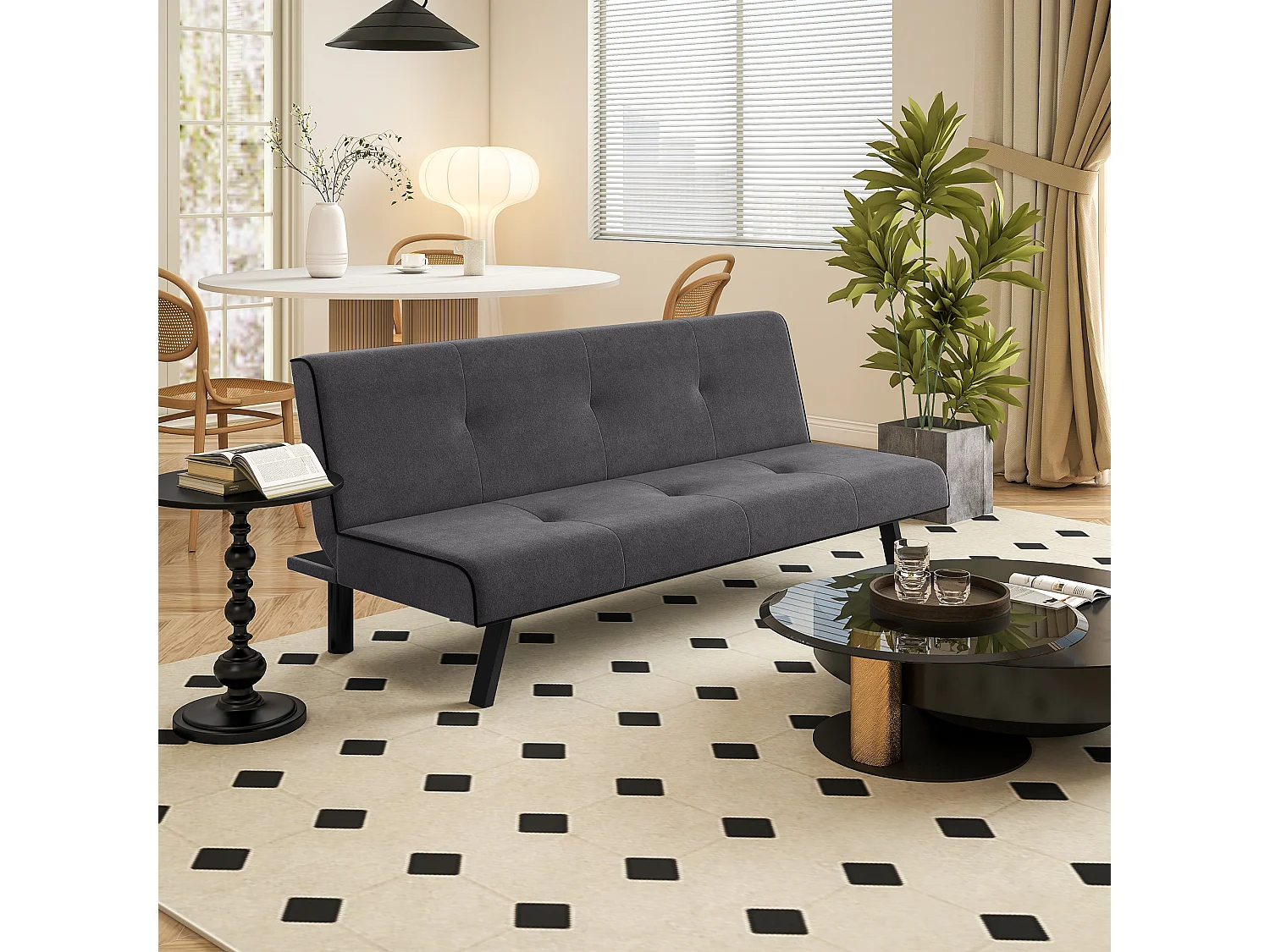 Canapé convertible 3 places canapé-lit avec dossier inclinable réglable piètement métal noir tissu gris