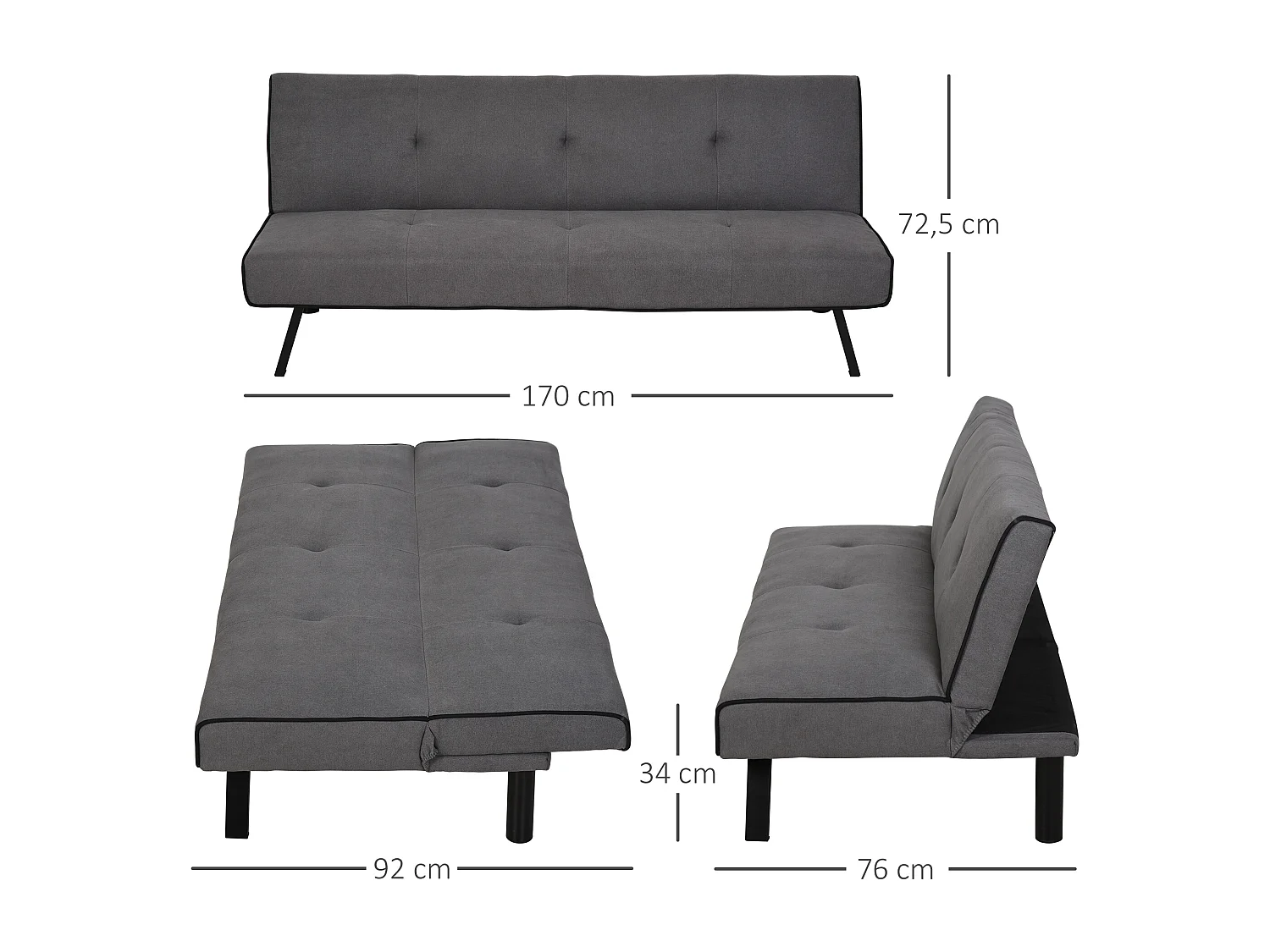 Canapé convertible 3 places canapé-lit avec dossier inclinable réglable piètement métal noir tissu gris