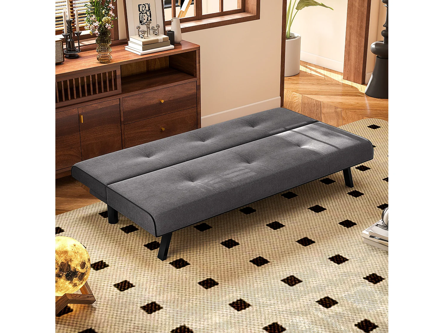 Canapé convertible 3 places canapé-lit avec dossier inclinable réglable piètement métal noir tissu gris