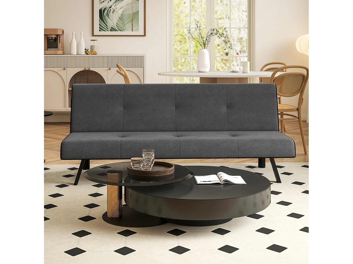 Canapé convertible 3 places canapé-lit avec dossier inclinable réglable piètement métal noir tissu gris