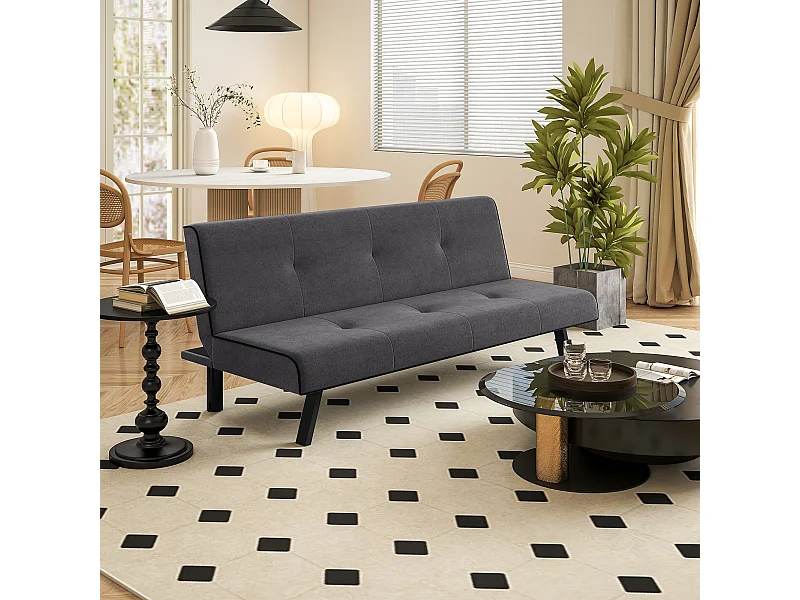 Canapé convertible 3 places canapé-lit avec dossier inclinable réglable piètement métal noir tissu gris