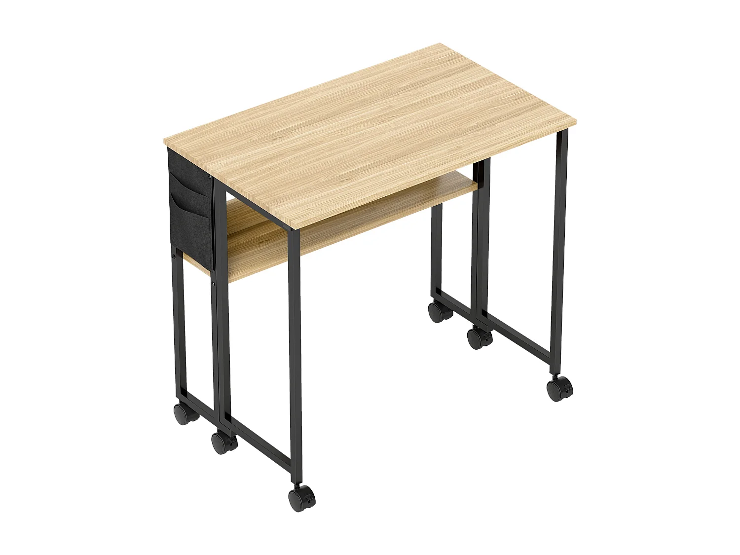 Bureau pliable à roulettes dim. 80x50cm étagère pochette rangement acier noir effet chêne clair