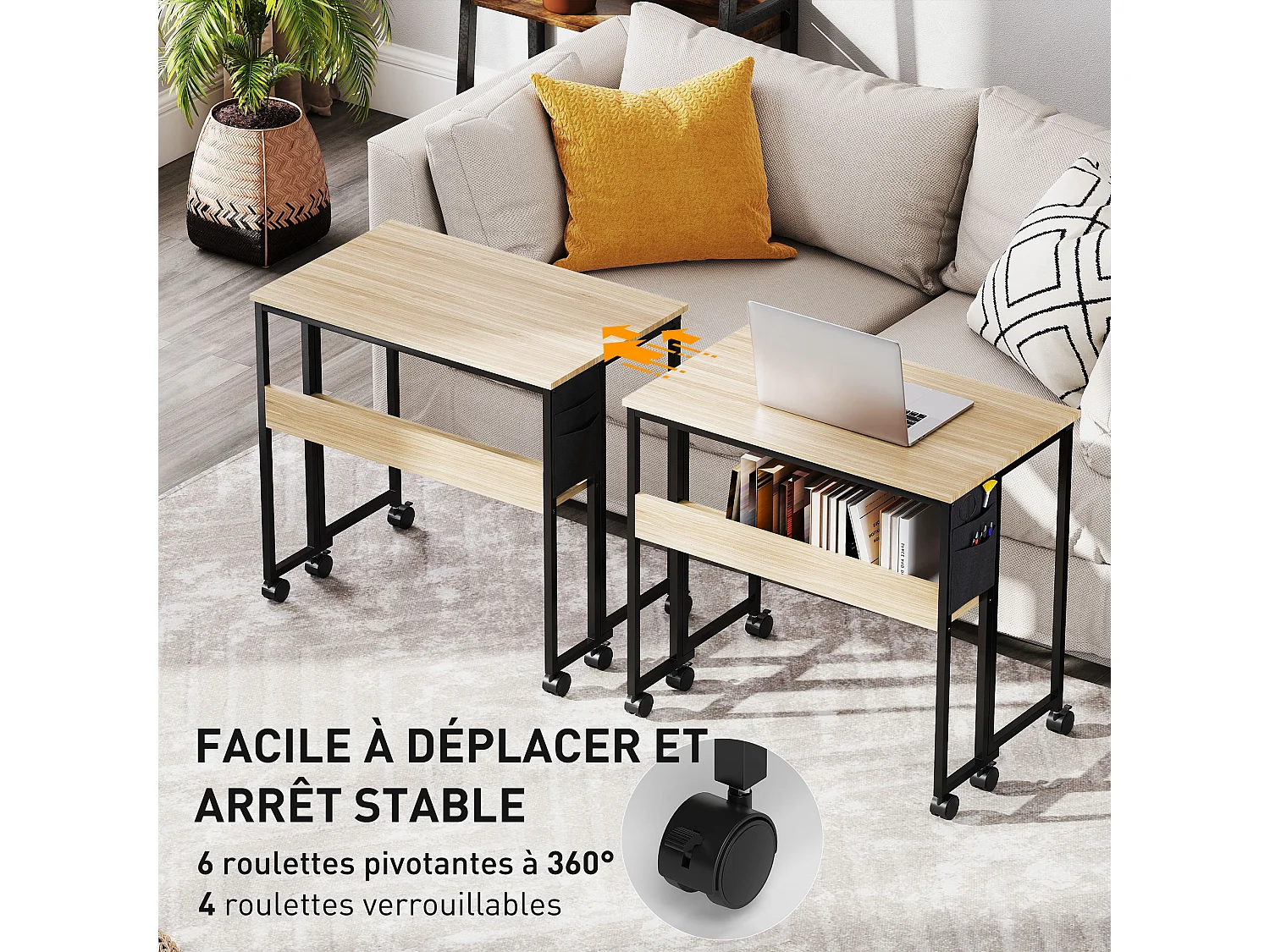 Bureau pliable à roulettes dim. 80x50cm étagère pochette rangement acier noir effet chêne clair