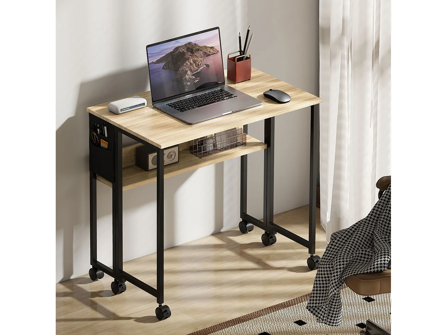Bureau pliable à roulettes dim. 80x50cm étagère pochette rangement acier noir effet chêne clair