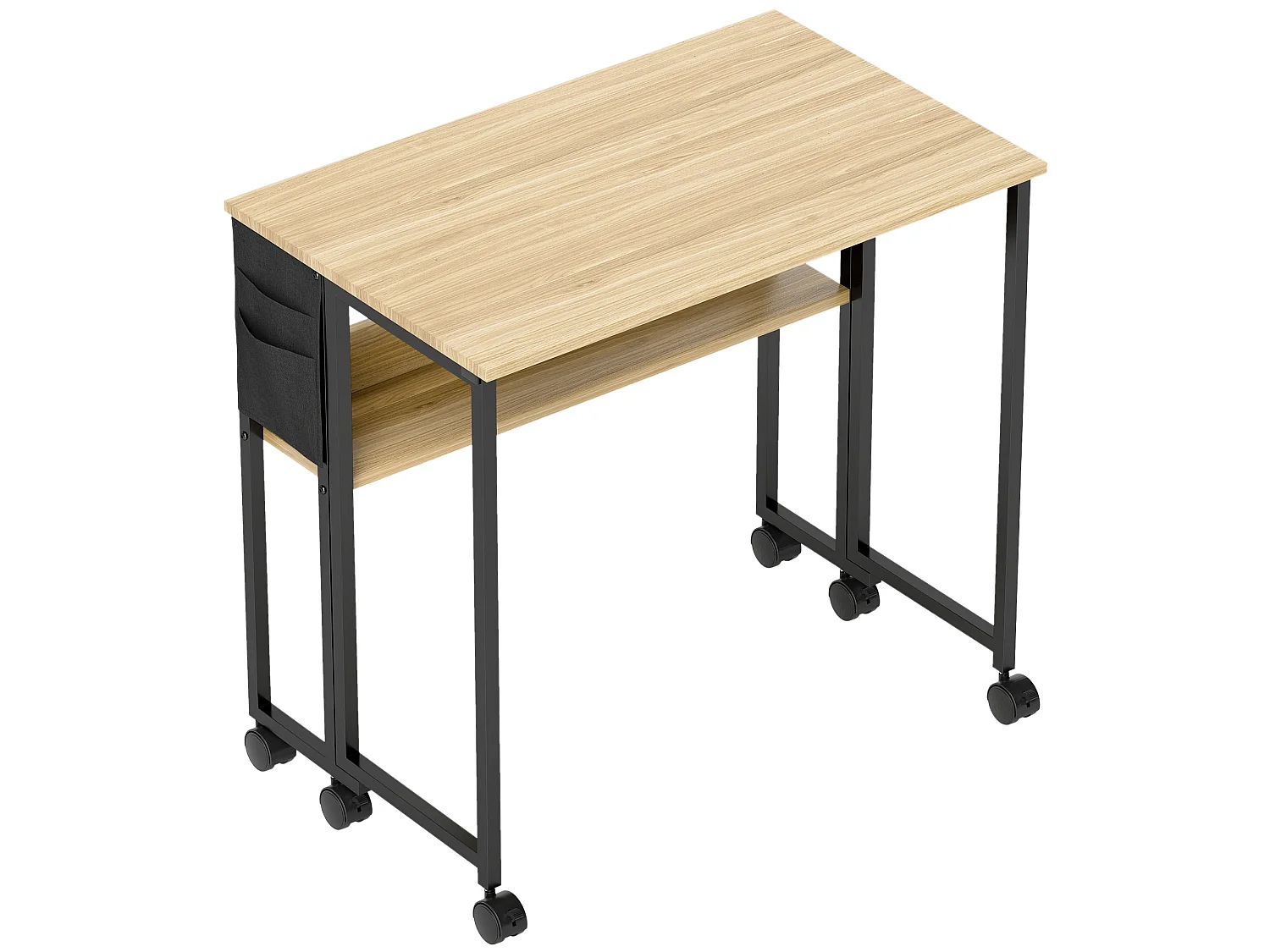Bureau pliable à roulettes dim. 80x50cm étagère pochette rangement acier noir effet chêne clair