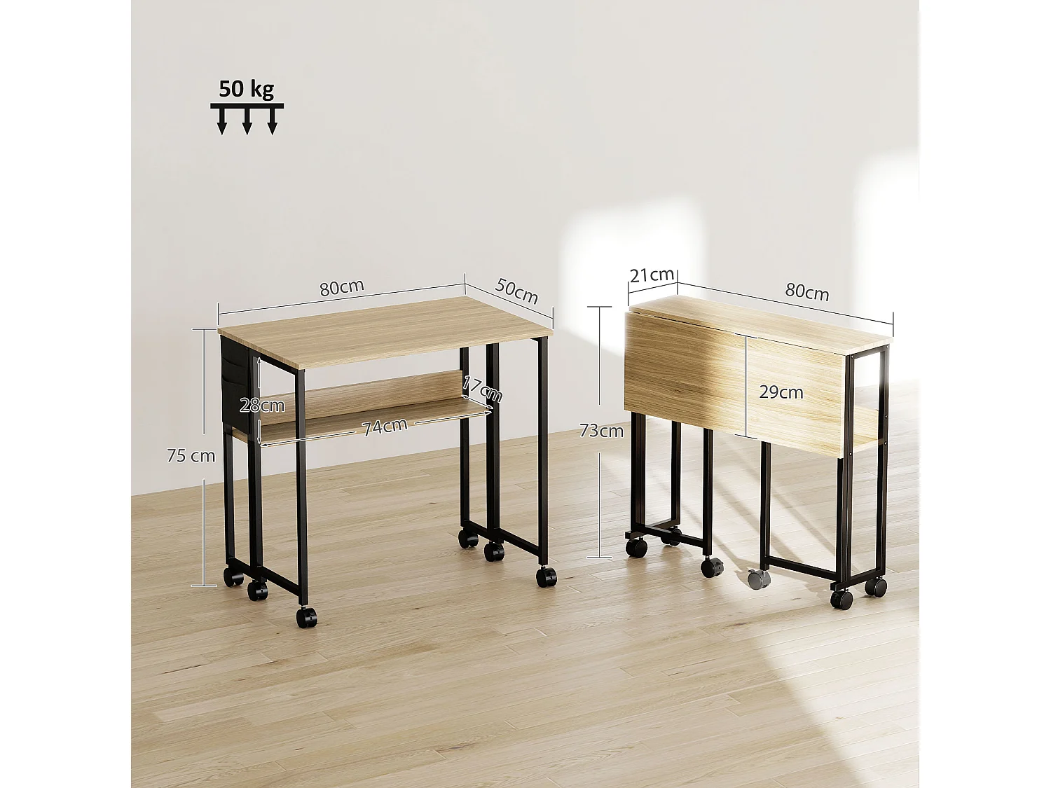 Bureau pliable à roulettes dim. 80x50cm étagère pochette rangement acier noir effet chêne clair