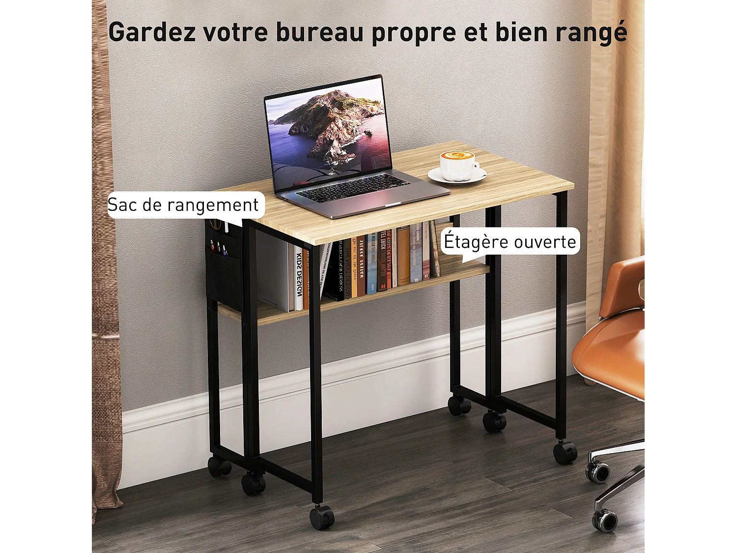 Bureau pliable à roulettes dim. 80x50cm étagère pochette rangement acier noir effet chêne clair