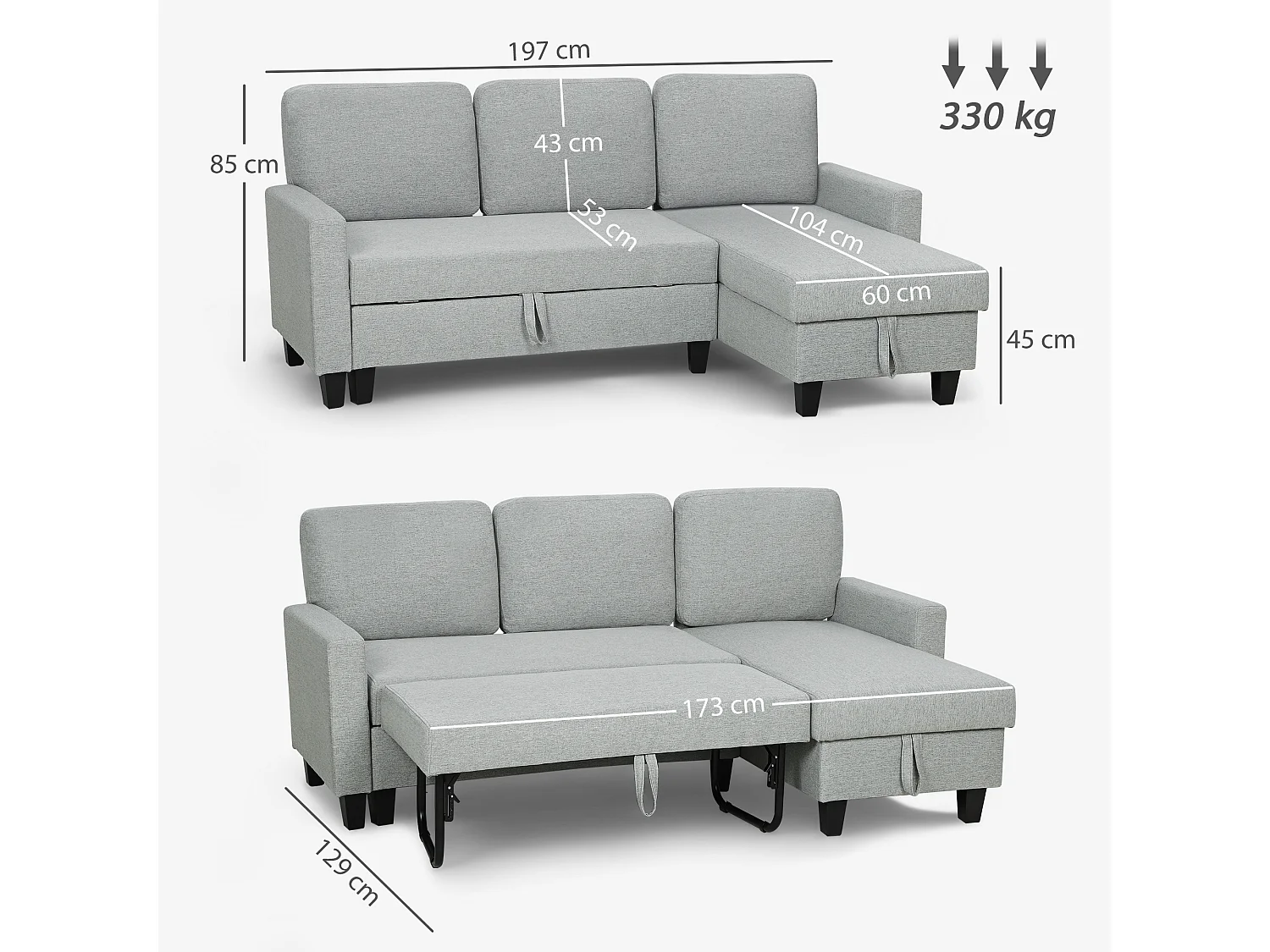 Canapé d'angle convertible réversible 3 places coffre de rangement intégré tissu toucher lin gris clair