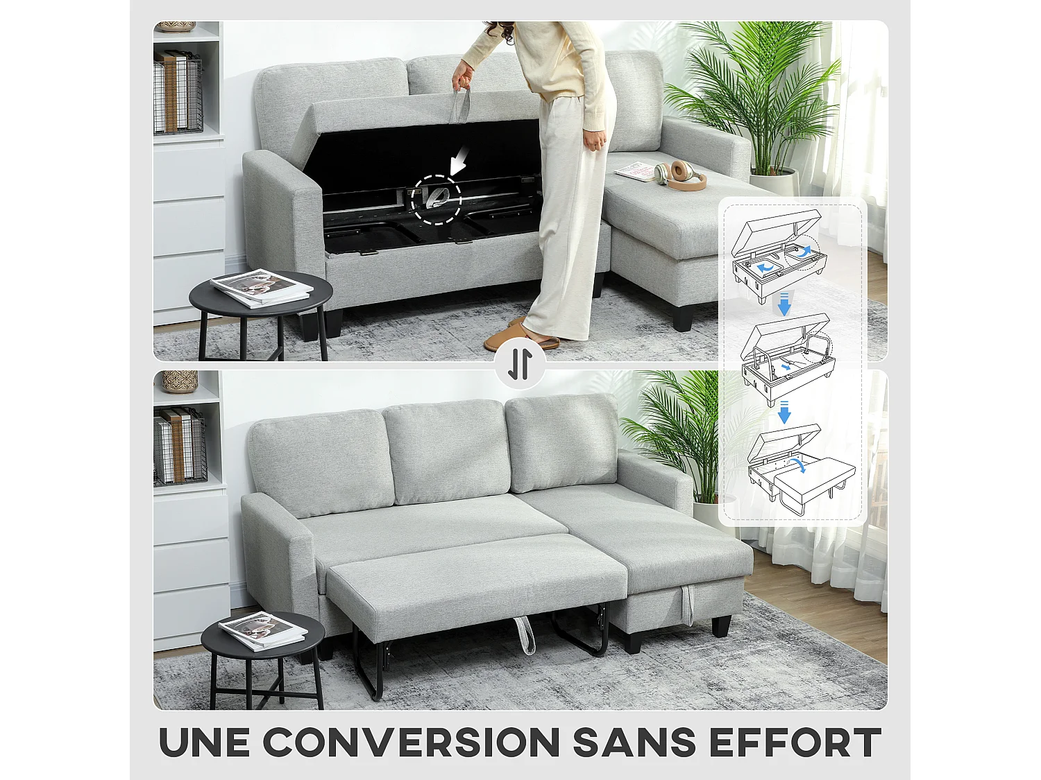 Canapé d'angle convertible réversible 3 places coffre de rangement intégré tissu toucher lin gris clair