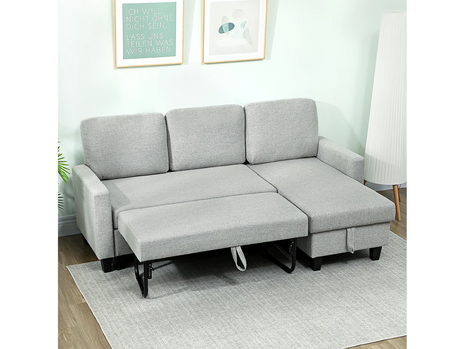 Canapé d'angle convertible réversible 3 places coffre de rangement intégré tissu toucher lin gris clair