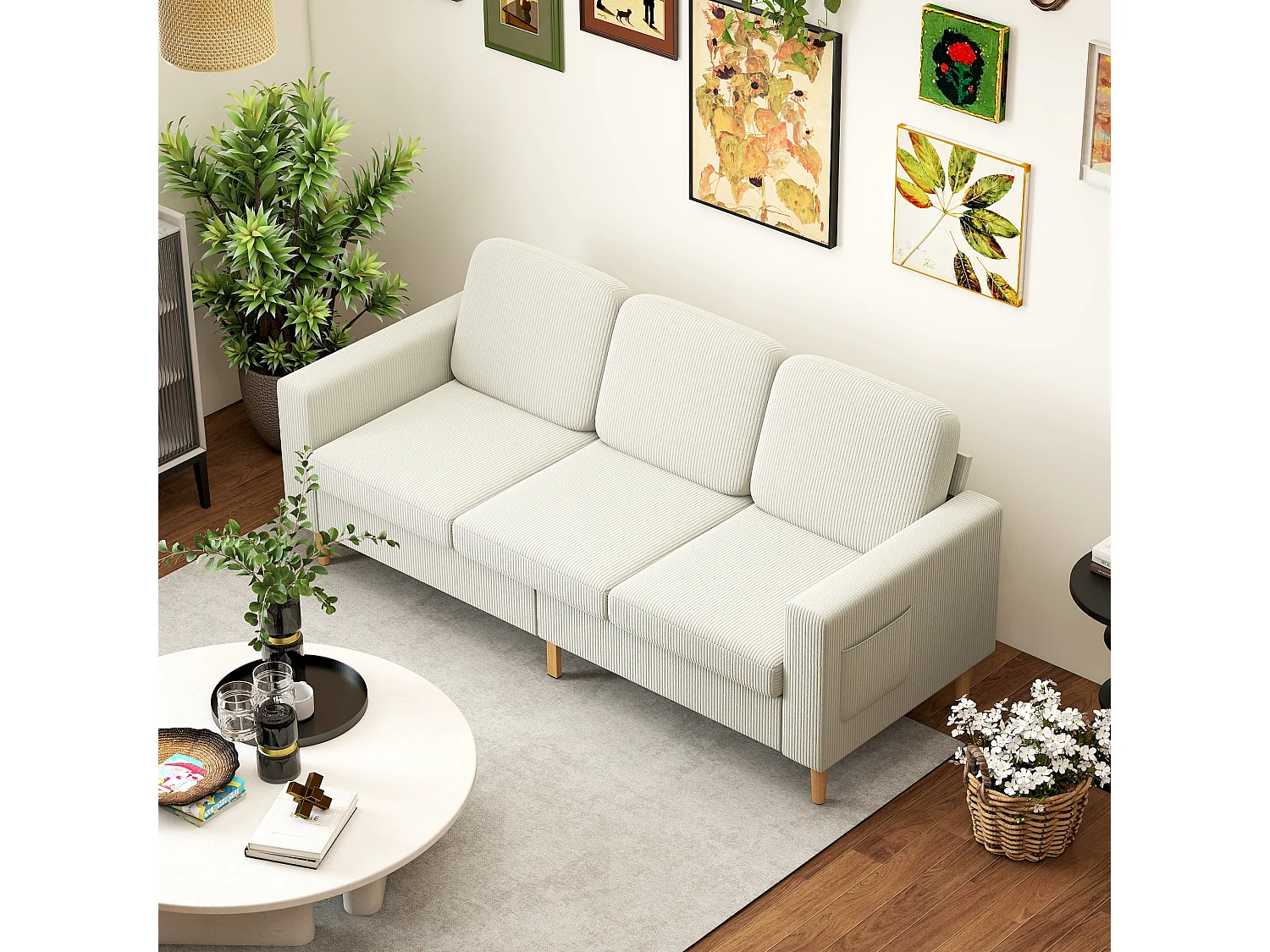 Canapé 3 places velours côtelé style nordique coussins déhoussables beige clair