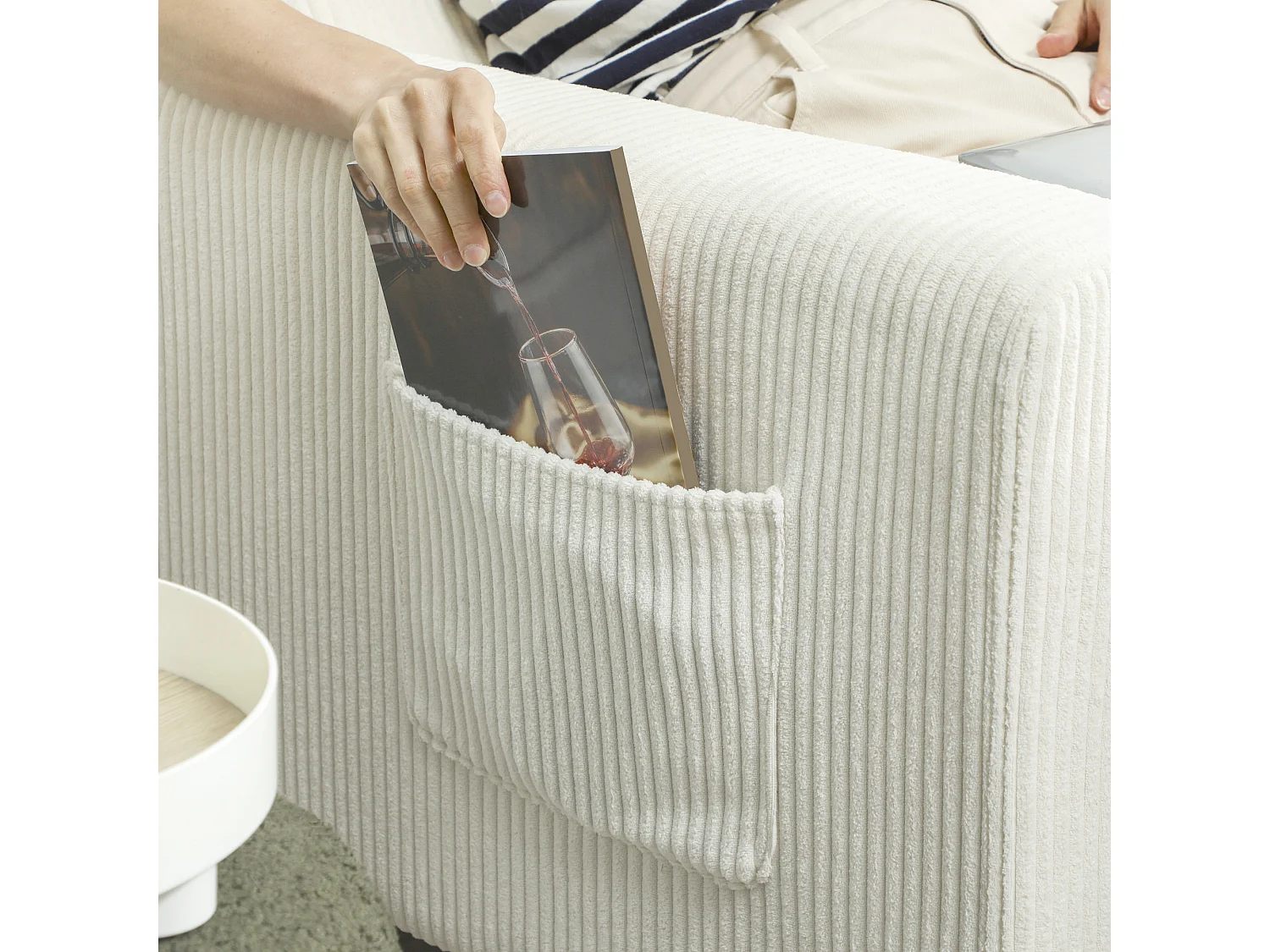 Canapé 3 places velours côtelé style nordique coussins déhoussables beige clair