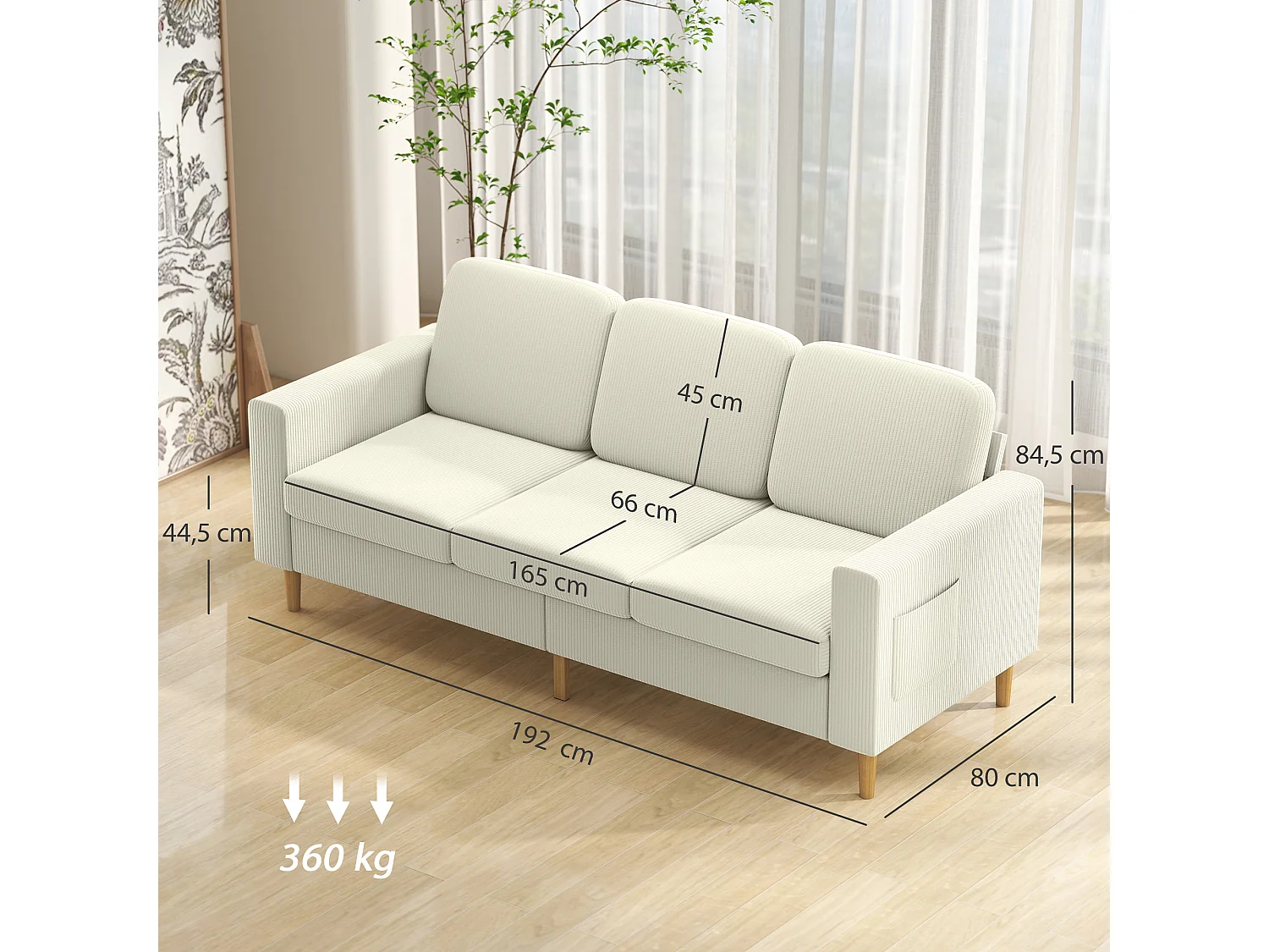 Canapé 3 places velours côtelé style nordique coussins déhoussables beige clair