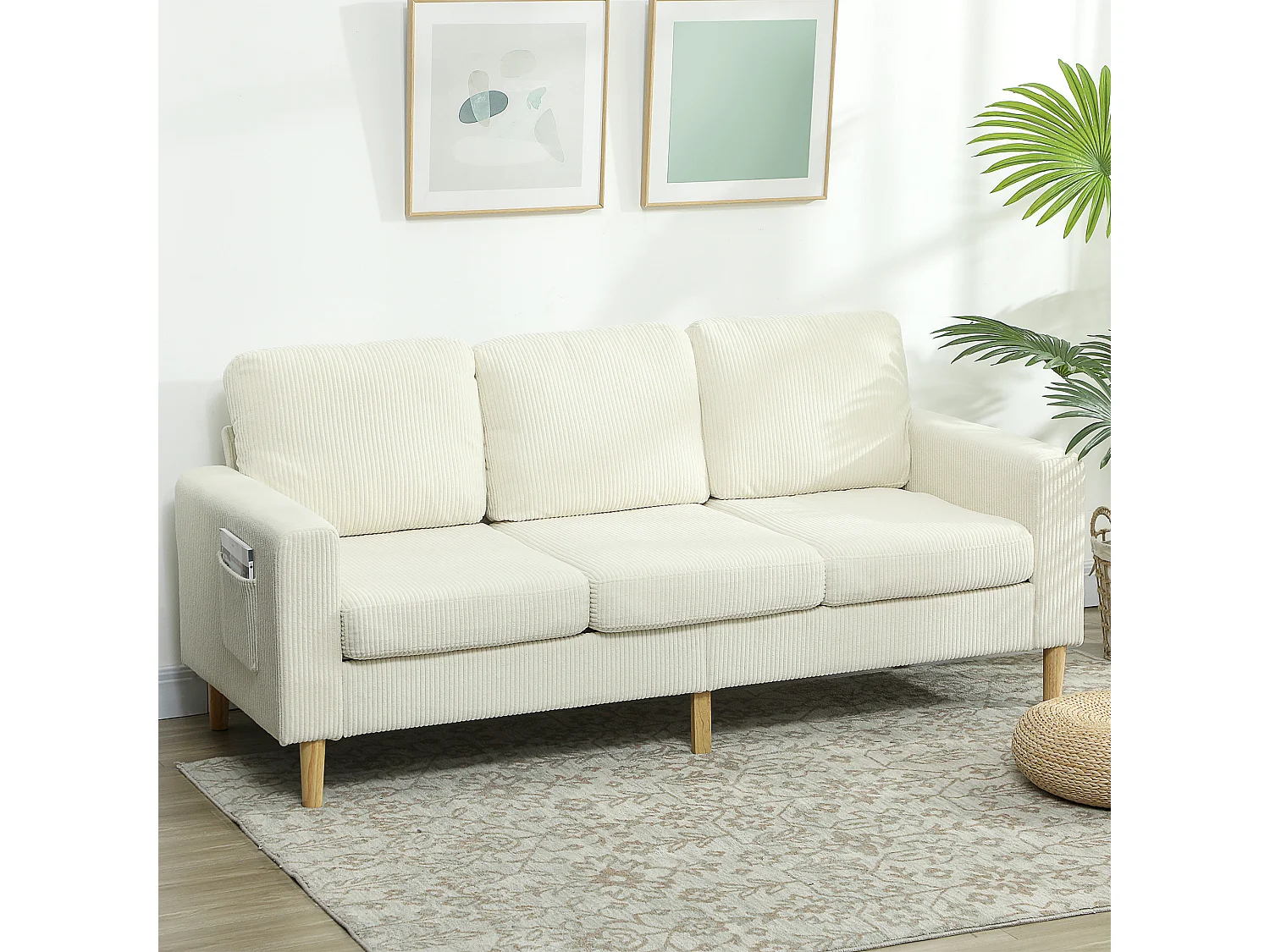 Canapé 3 places velours côtelé style nordique coussins déhoussables beige clair