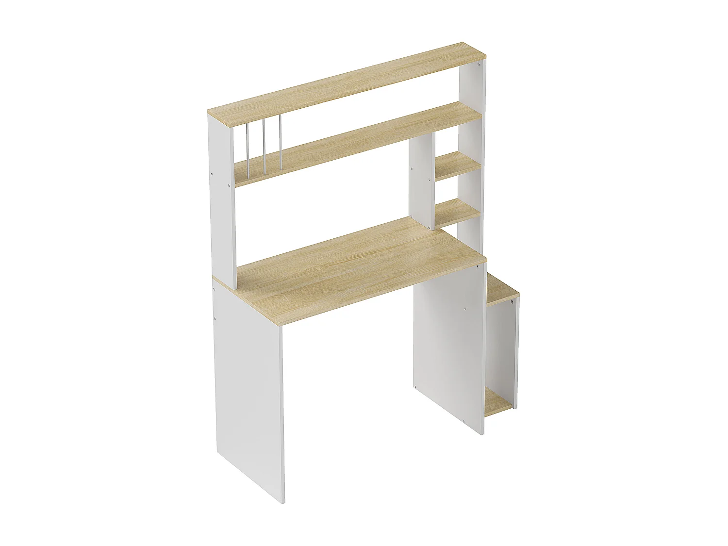 Bureau informatique multi-rangement - 4 étagères, espace unité centrale - blanc effet chêne clair