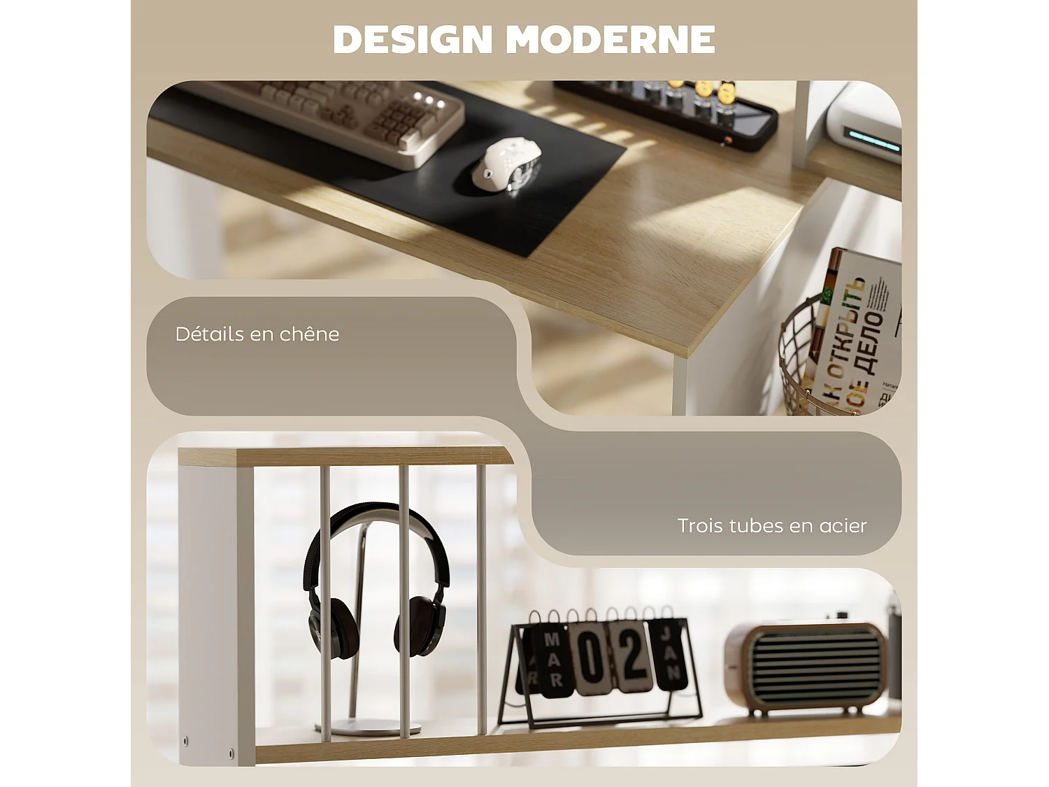 Bureau informatique multi-rangement - 4 étagères, espace unité centrale - blanc effet chêne clair