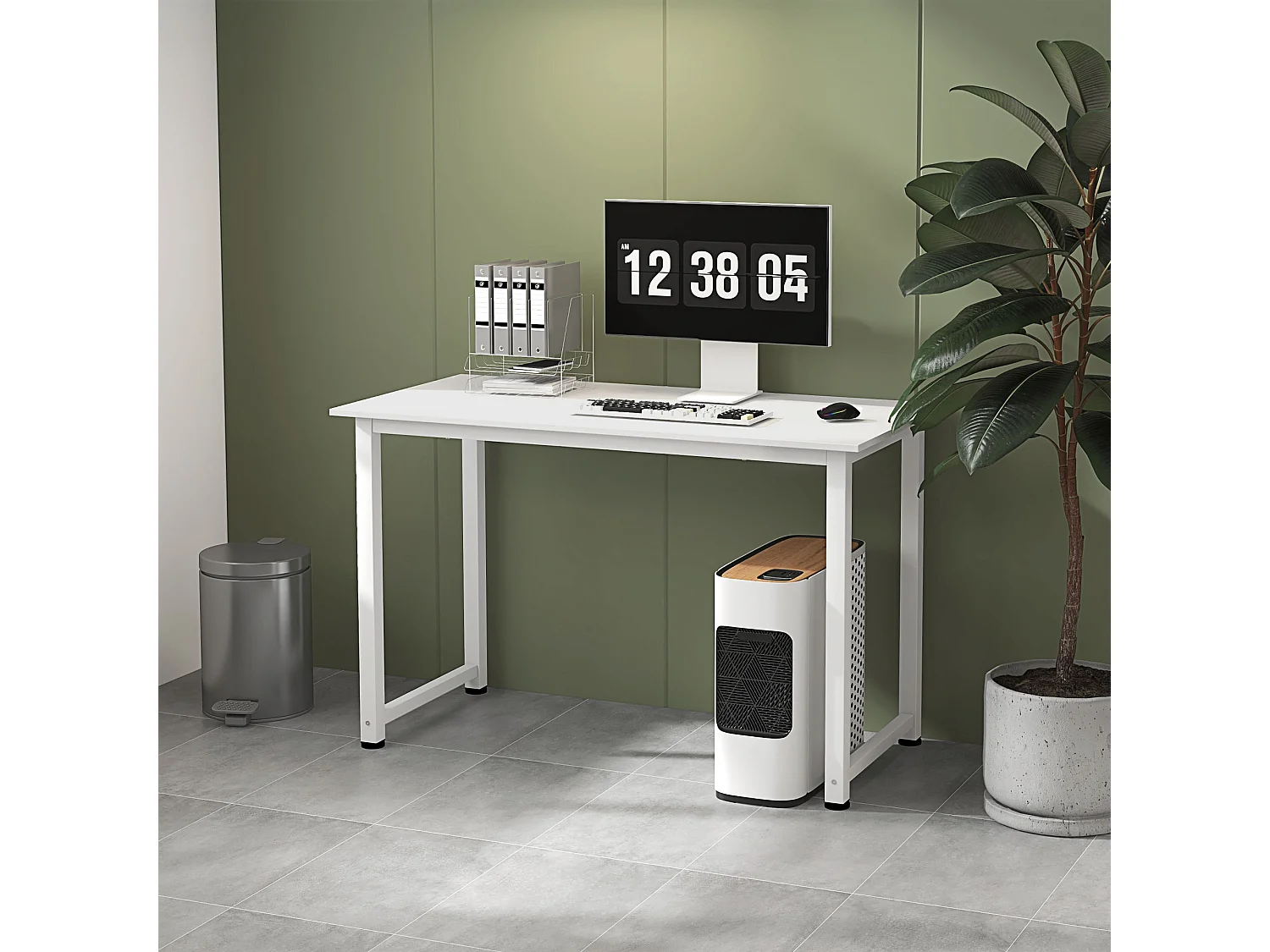 Table d'ordinateur 120L x 60l x 76H cm chêne et blanc multifonction grand plateau cadre robuste en métal blanc