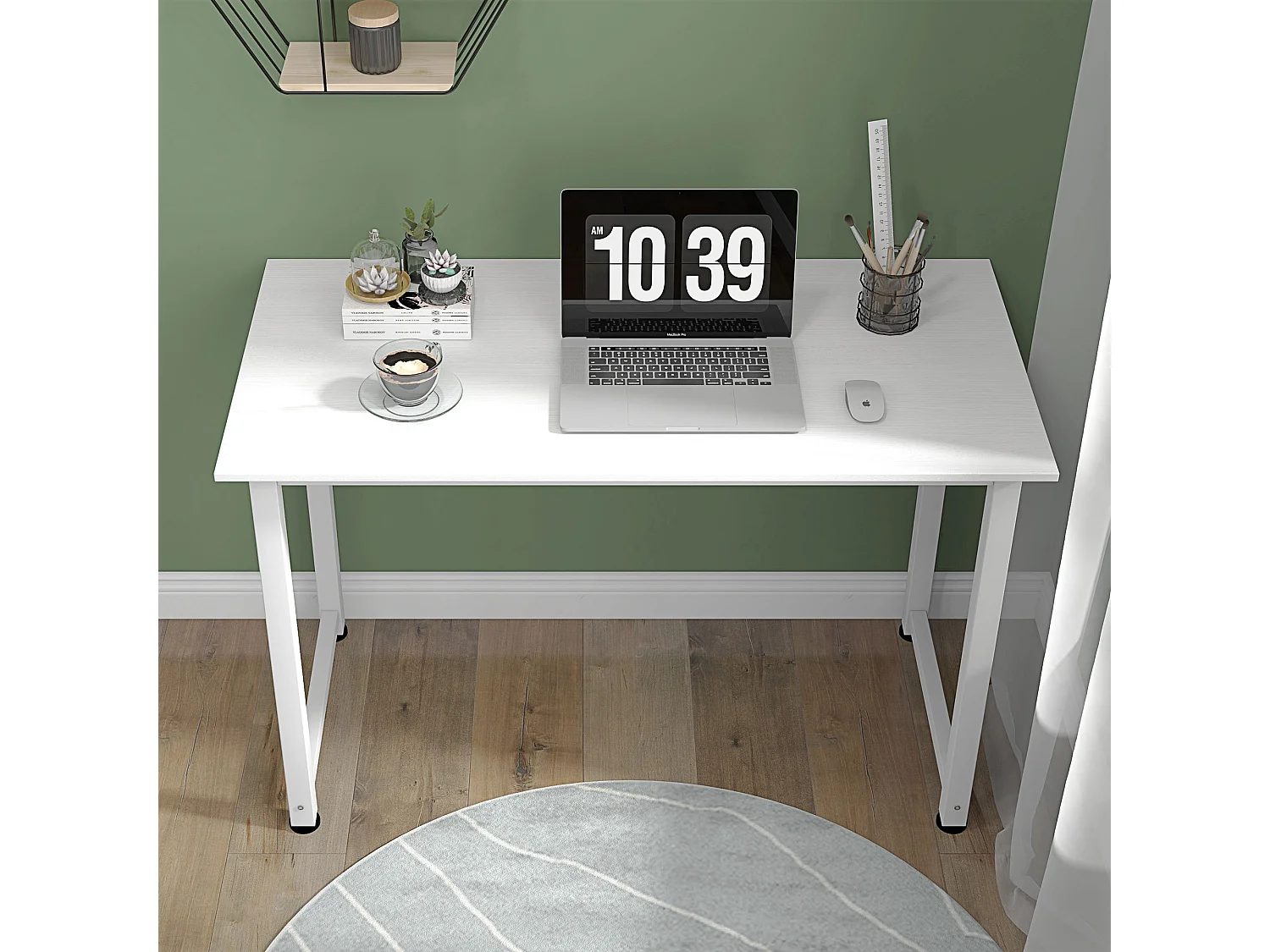 Table d'ordinateur 120L x 60l x 76H cm chêne et blanc multifonction grand plateau cadre robuste en métal blanc