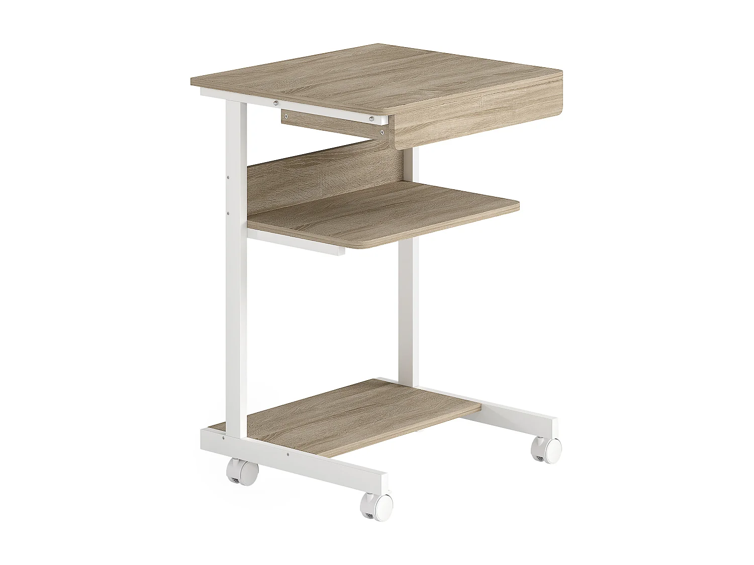 Bureau informatique roulant - bureau mobile - table d'ordinateur - tiroir coulissant 2 étagères - blanc naturel