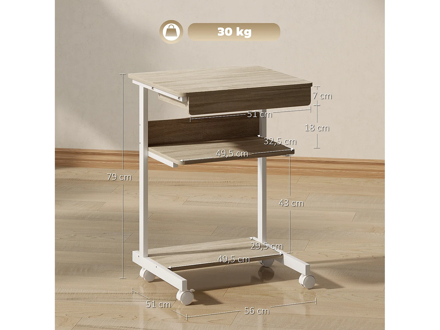 Bureau informatique roulant - bureau mobile - table d'ordinateur - tiroir coulissant 2 étagères - blanc naturel