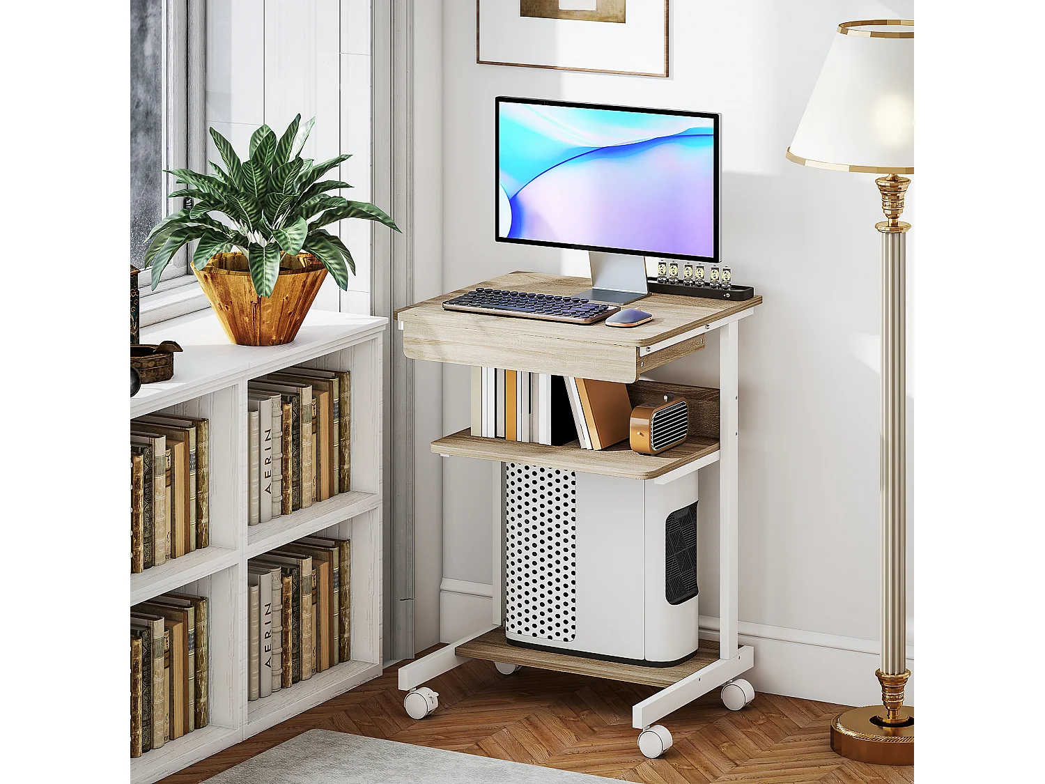 Bureau informatique roulant - bureau mobile - table d'ordinateur - tiroir coulissant 2 étagères - blanc naturel