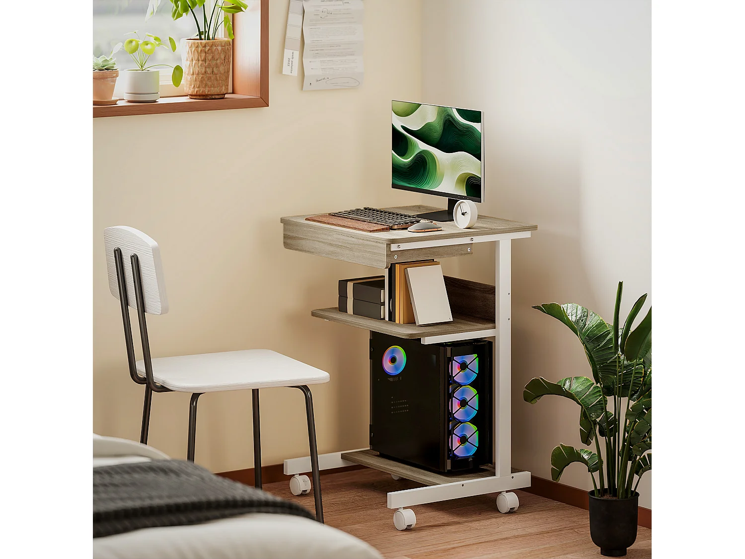 Bureau informatique roulant - bureau mobile - table d'ordinateur - tiroir coulissant 2 étagères - blanc naturel