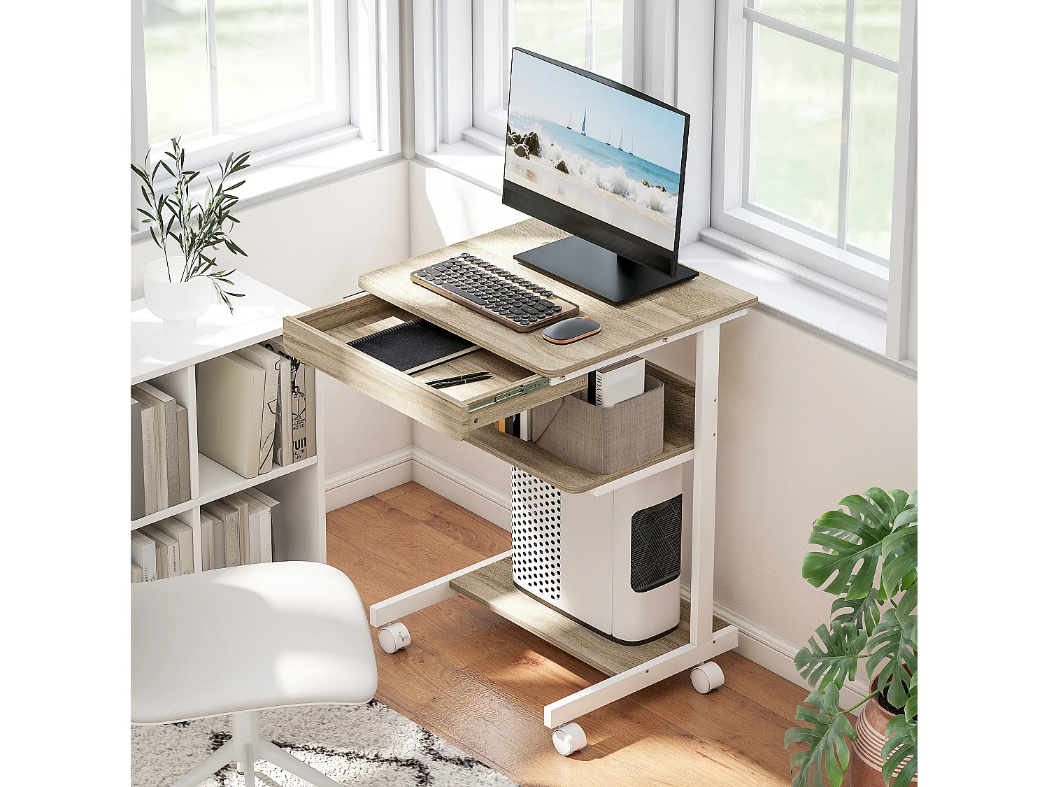 Bureau informatique roulant - bureau mobile - table d'ordinateur - tiroir coulissant 2 étagères - blanc naturel