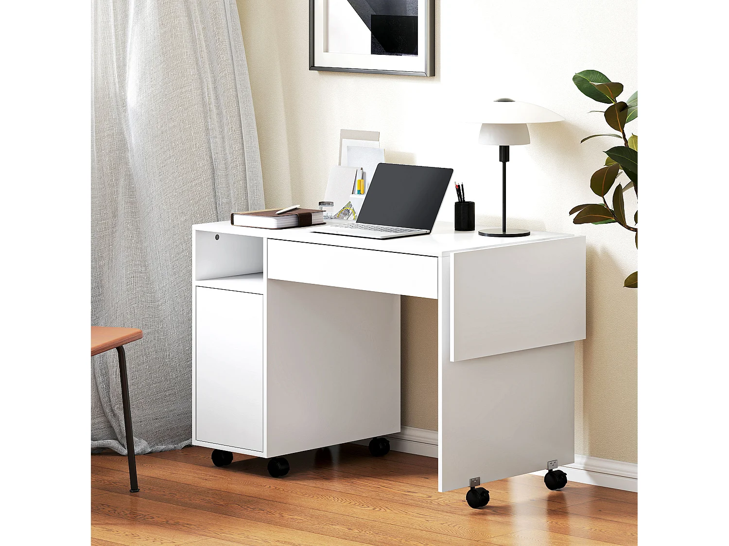 Bureau informatique mobile extensible - tiroir, niche, porte, étagère - blanc