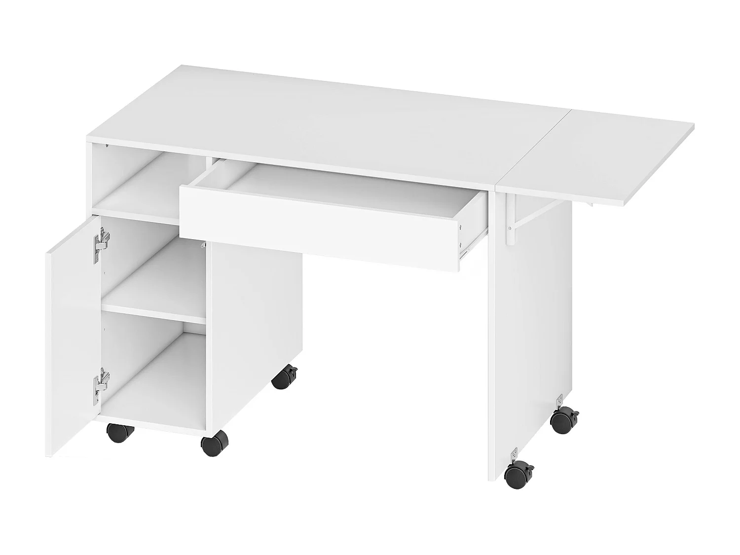 Bureau informatique mobile extensible - tiroir, niche, porte, étagère - blanc
