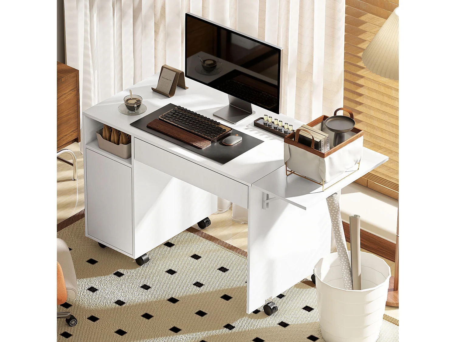 Bureau informatique mobile extensible - tiroir, niche, porte, étagère - blanc