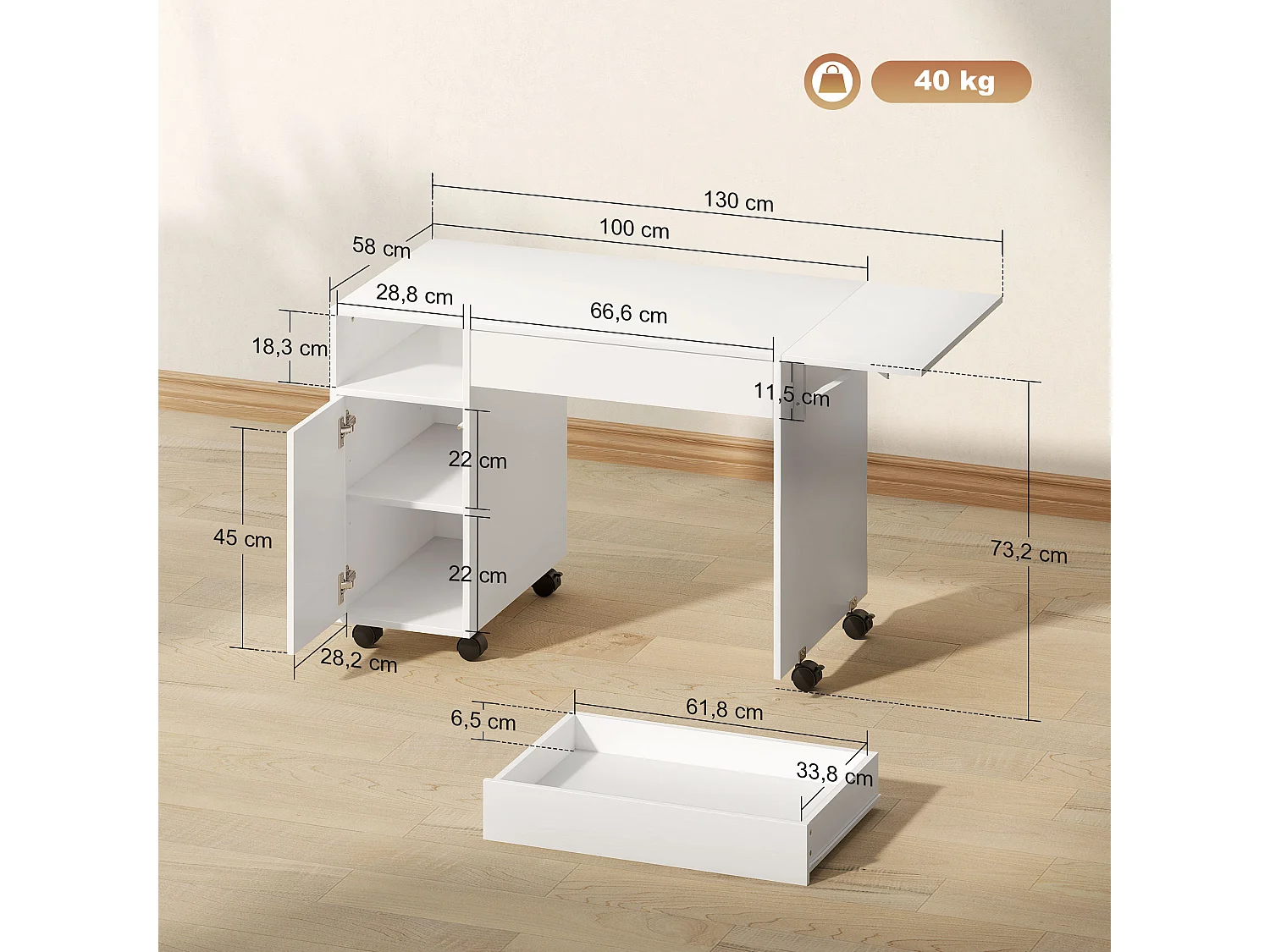 Bureau informatique mobile extensible - tiroir, niche, porte, étagère - blanc