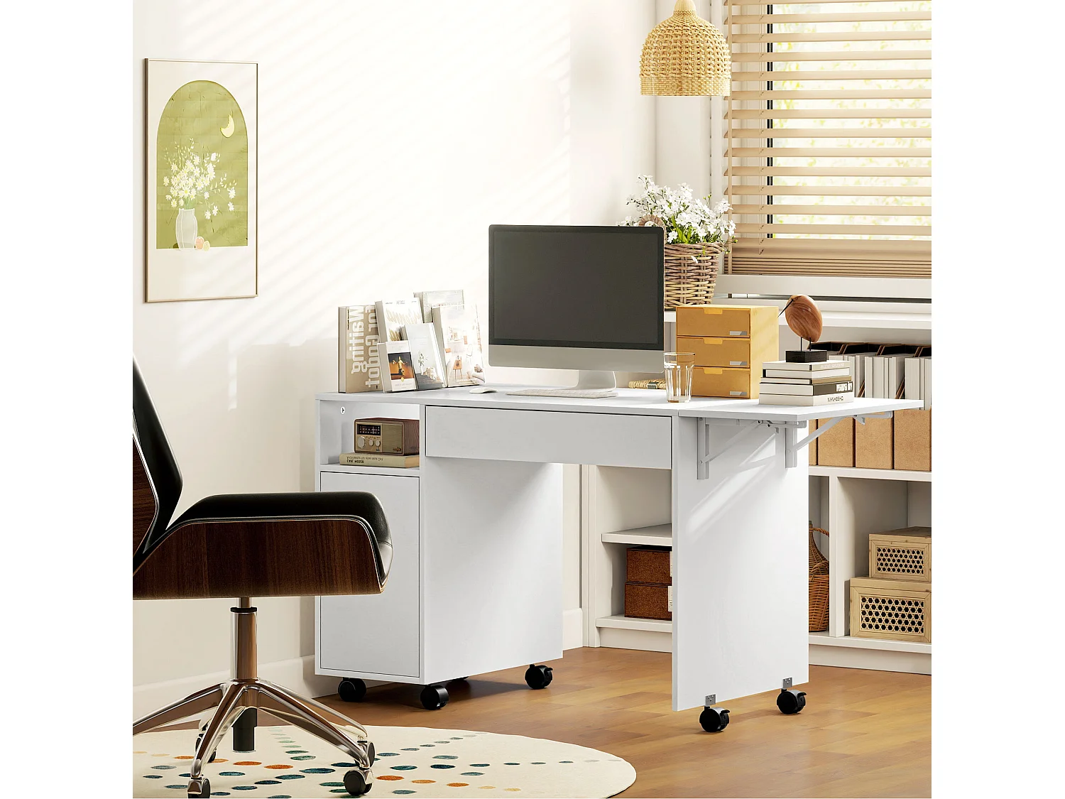 Bureau informatique mobile extensible - tiroir, niche, porte, étagère - blanc