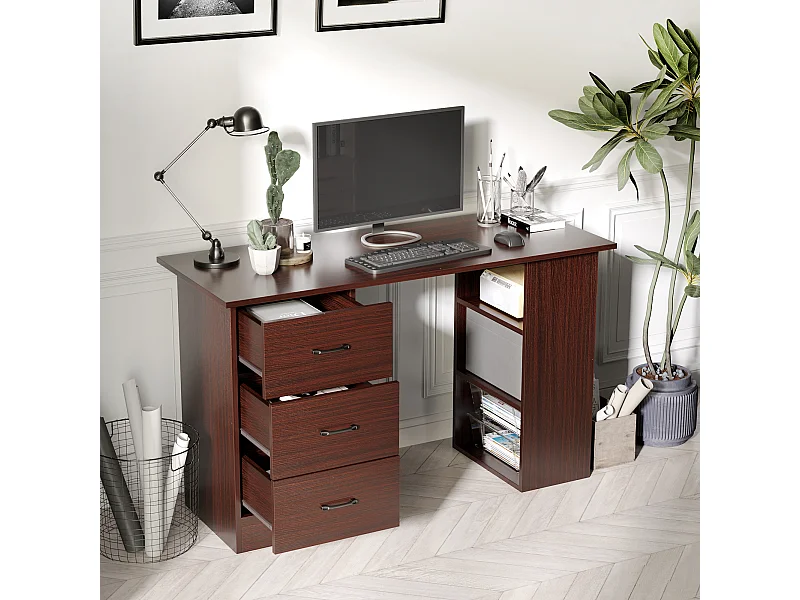 Bureau informatique 3 tiroirs coulissants 3 étagères grand plateau 120 x 49 x 72 cm effet bois noyer