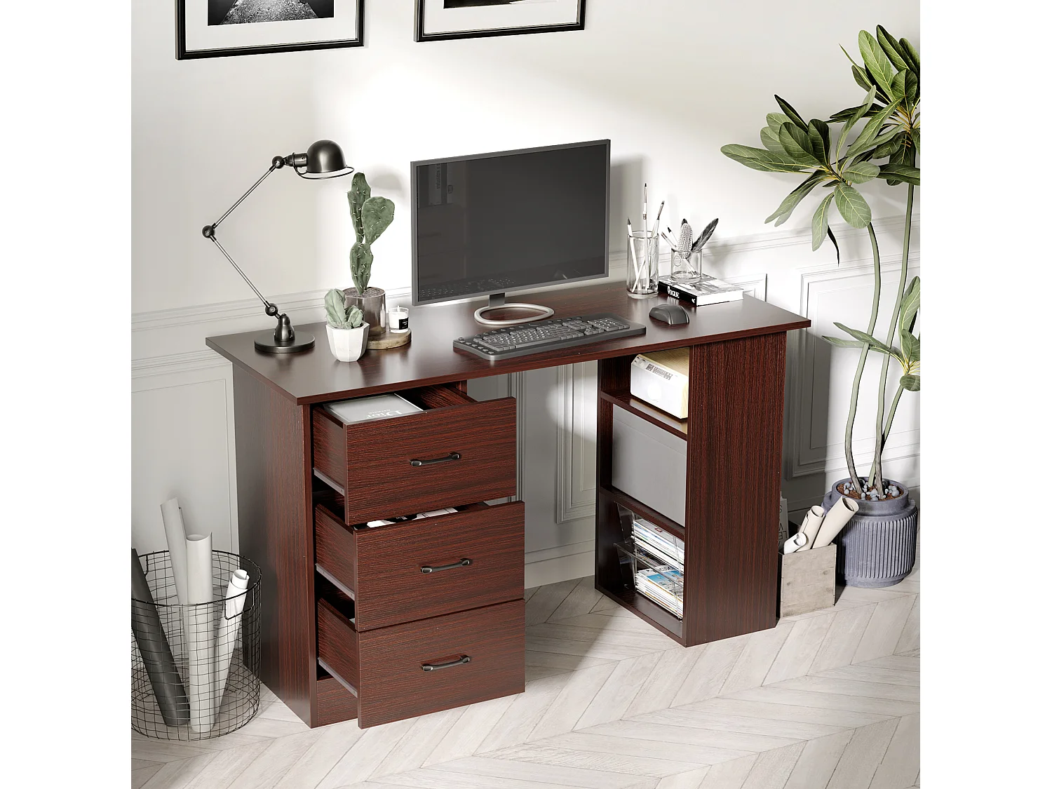 Bureau informatique 3 tiroirs coulissants 3 étagères grand plateau 120 x 49 x 72 cm effet bois noyer