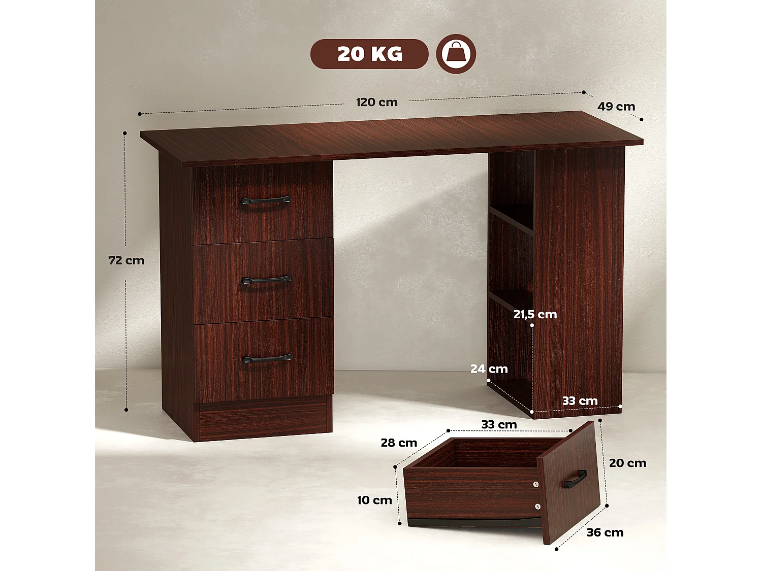 Bureau informatique 3 tiroirs coulissants 3 étagères grand plateau 120 x 49 x 72 cm effet bois noyer