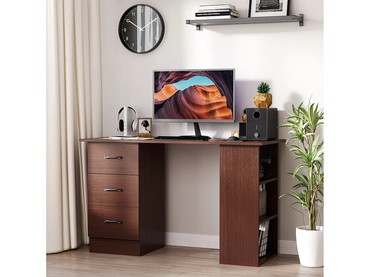 Bureau informatique 3 tiroirs coulissants 3 étagères grand plateau 120 x 49 x 72 cm effet bois noyer