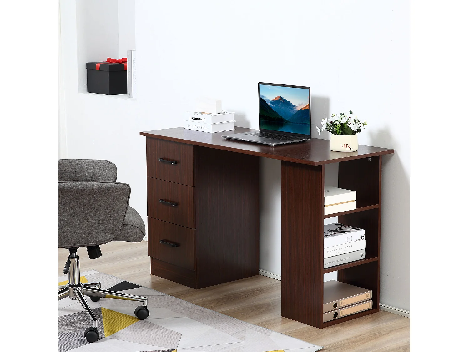 Bureau informatique 3 tiroirs coulissants 3 étagères grand plateau 120 x 49 x 72 cm effet bois noyer