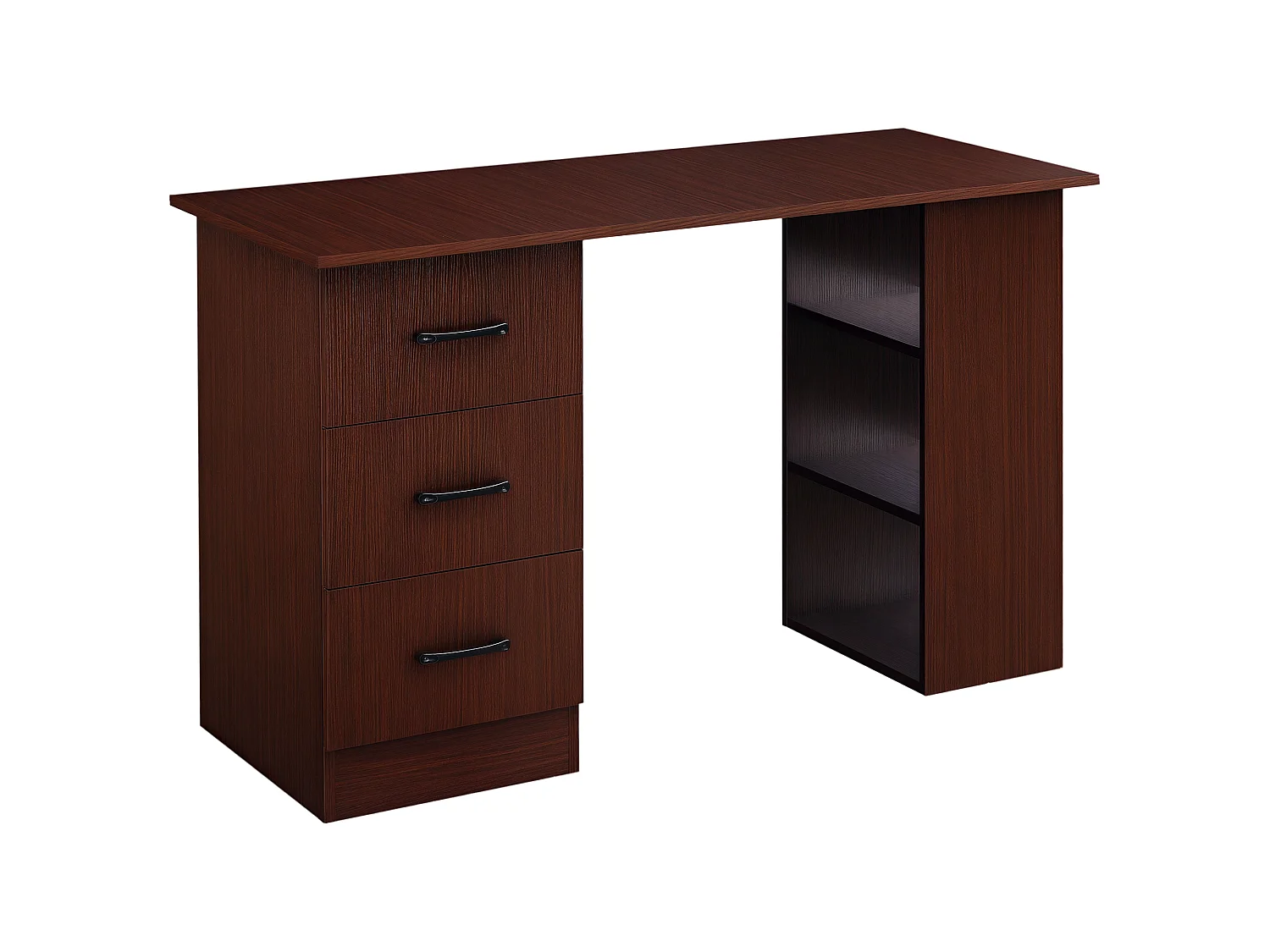 Bureau informatique 3 tiroirs coulissants 3 étagères grand plateau 120 x 49 x 72 cm effet bois noyer