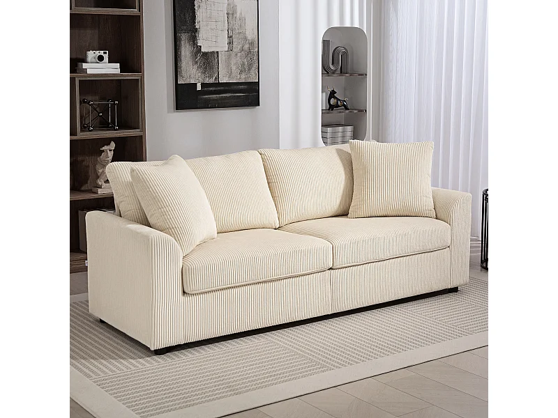 Canapé 3 places velours côtelé avec 2 coussins - canapé droit fixe 3 places beige clair