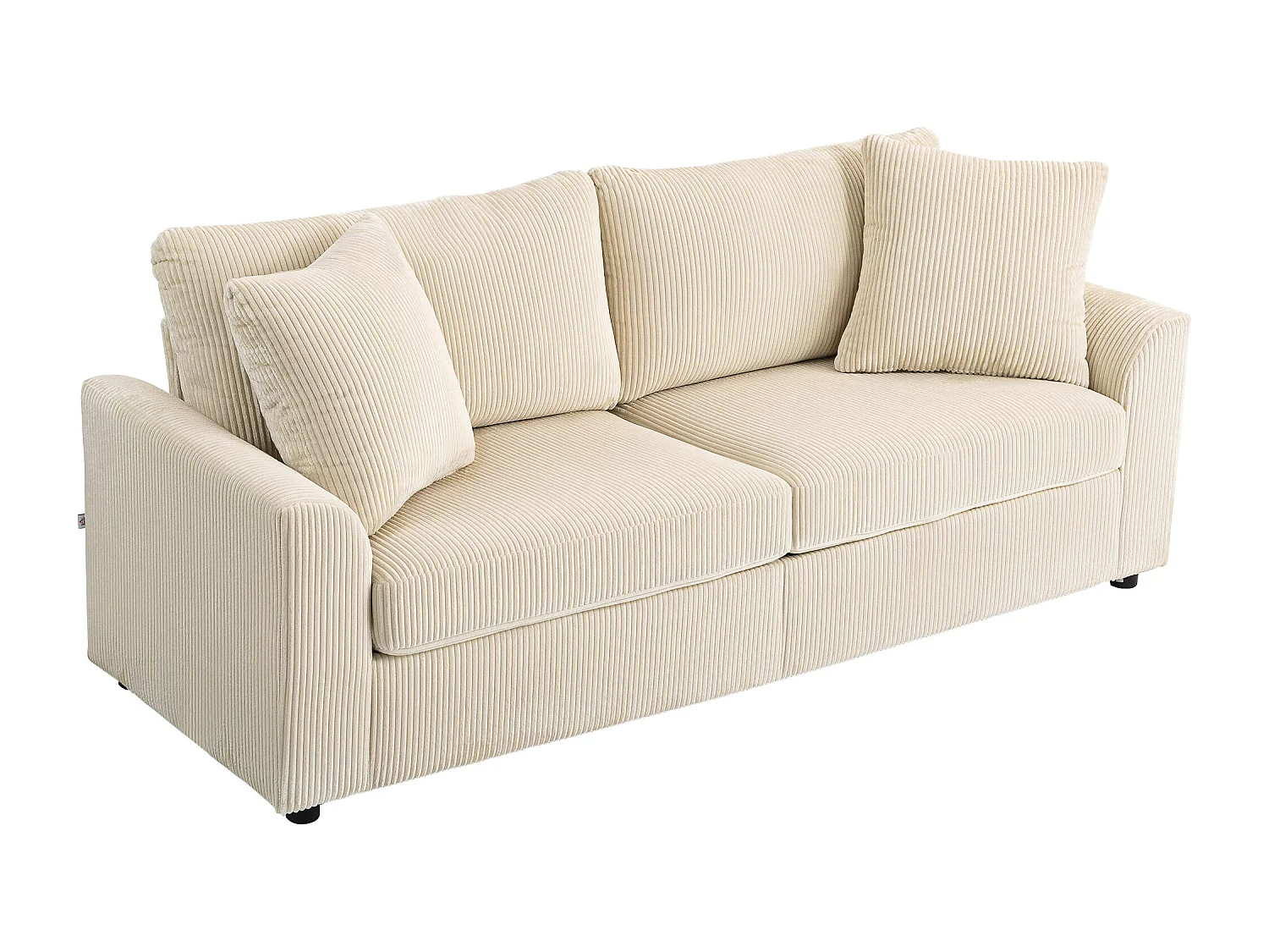 Canapé 3 places velours côtelé avec 2 coussins - canapé droit fixe 3 places beige clair