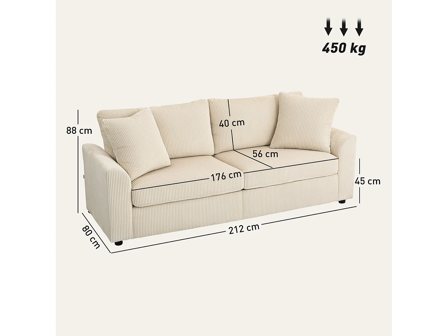 Canapé 3 places velours côtelé avec 2 coussins - canapé droit fixe 3 places beige clair