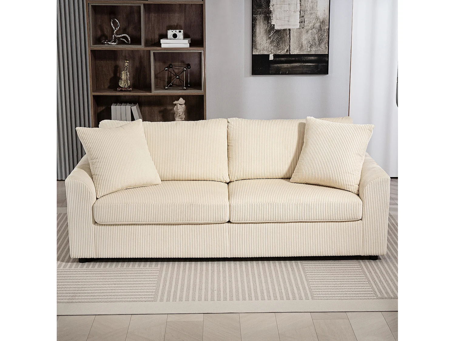 Canapé 3 places velours côtelé avec 2 coussins - canapé droit fixe 3 places beige clair