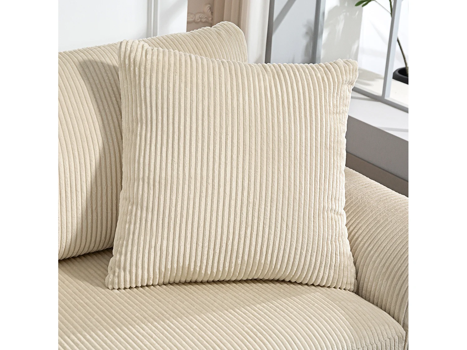 Canapé 3 places velours côtelé avec 2 coussins - canapé droit fixe 3 places beige clair