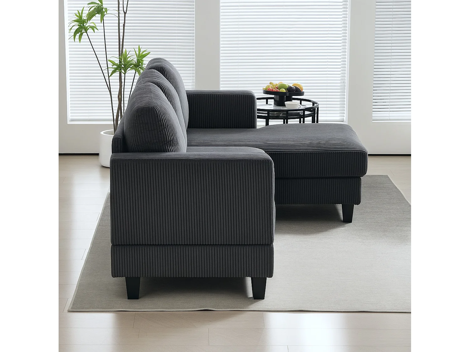 Canapé d'angle 3 places en velours côtelé dim. 214 x 134 cm gris