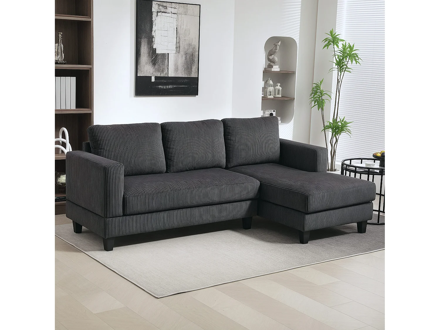 Canapé d'angle 3 places en velours côtelé dim. 214 x 134 cm gris