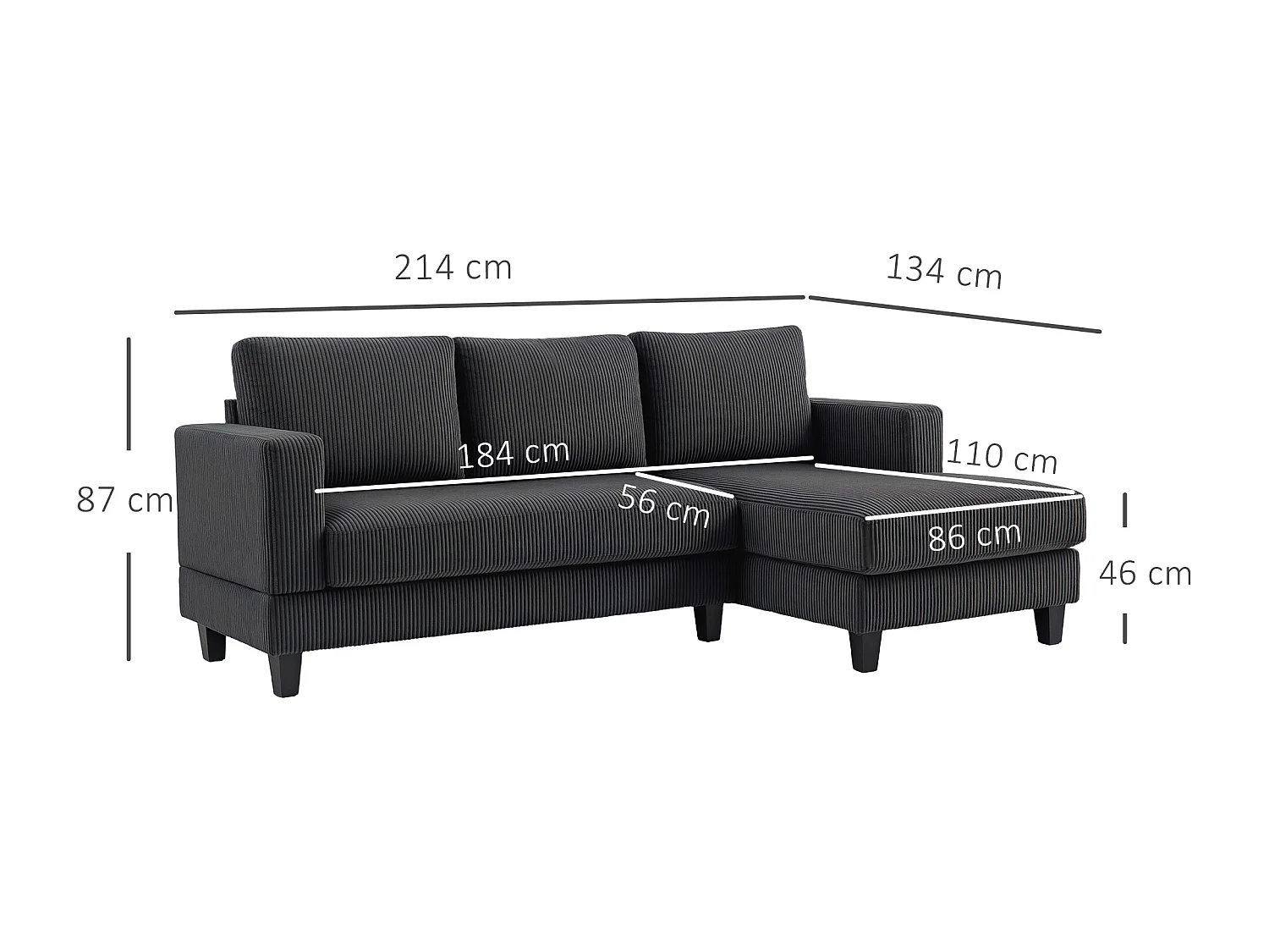 Canapé d'angle 3 places en velours côtelé dim. 214 x 134 cm gris